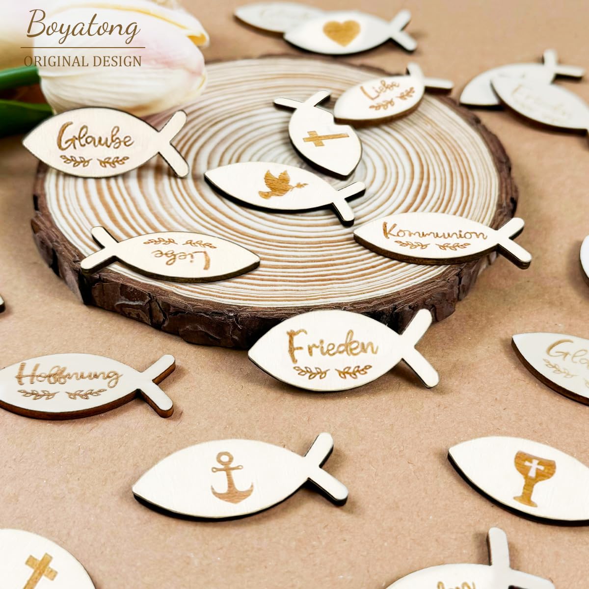 Set Decorazione Prima Comunione In Legno - Pesce, Croce E Colomba Con Coriandoli - 4