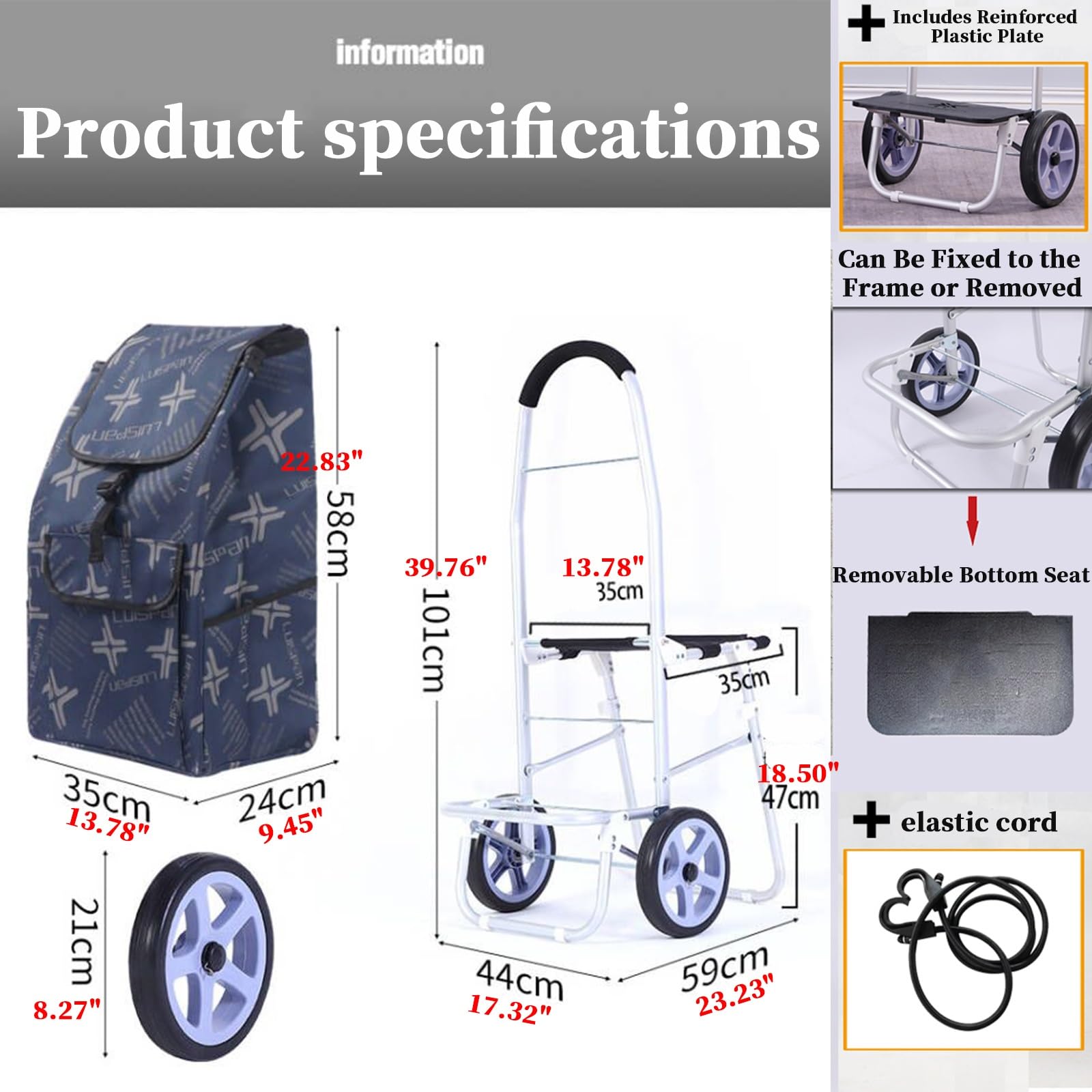 Zusammenklappbarer Einkaufswagen mit Sitz, kompakter Einkaufswagen, Treppensteig-Design, 100 kg Kapazität, leichter Allzweckwagen für Senioren, tragbar und faltbar, schwarzes Rad