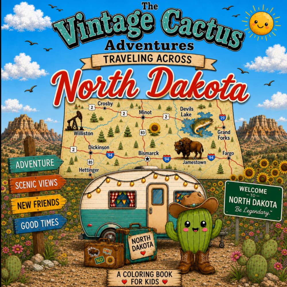 The Vintage Cactus Traveling Across North Dakota Adventure Coloring & Activity Book for Kids: A North Dakota Adventure coloring book for kids