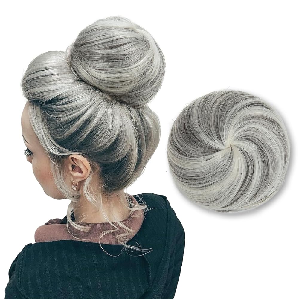 SARLA Hair Bun Extension Synthetic Drawstring Updo Fake Ballet Bun for Women Lady Donut Chignon Grey Multi
