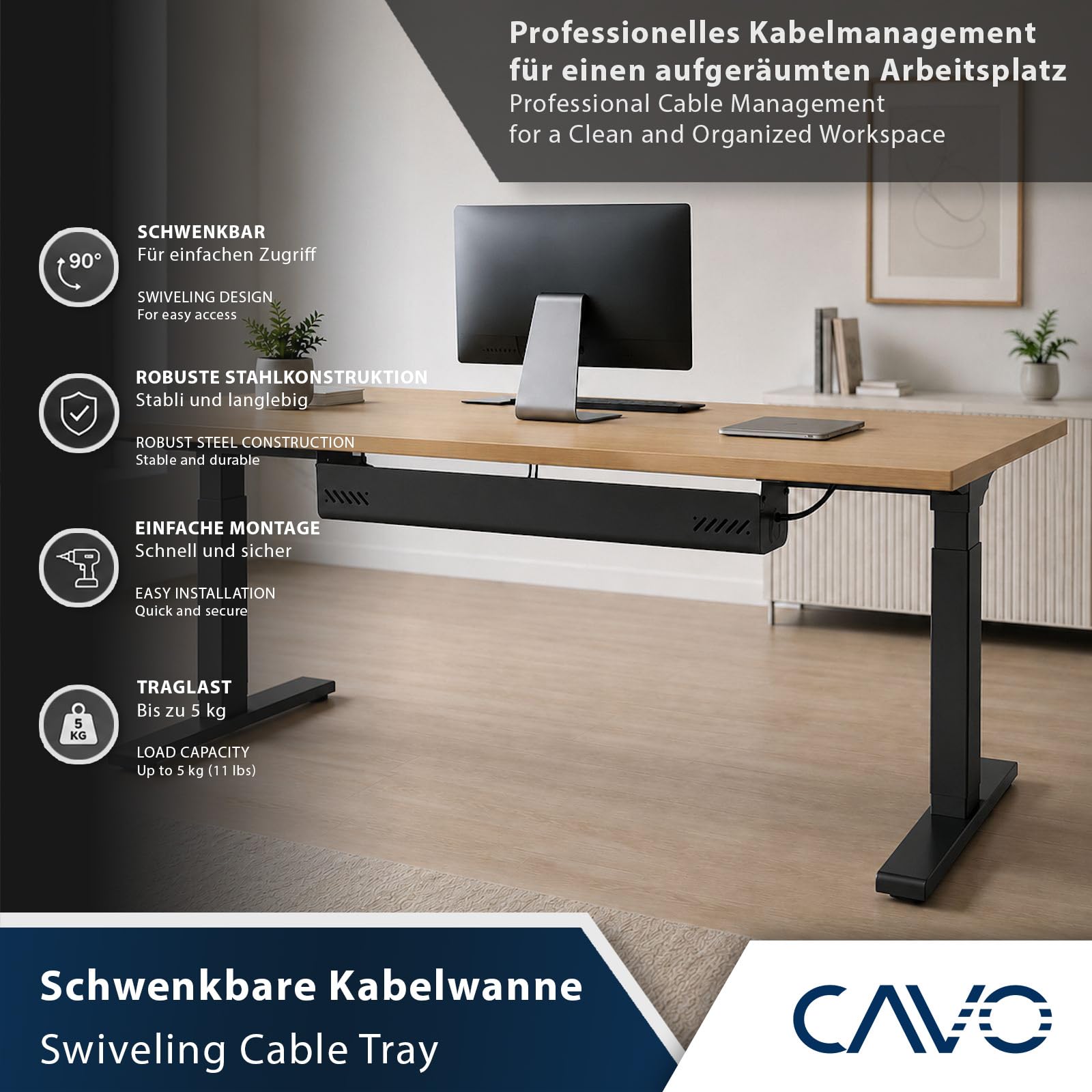 Canaleta para Cables CAVO 1244 x 167 x 124 mm, Horizontal, Negro Mate, abatible