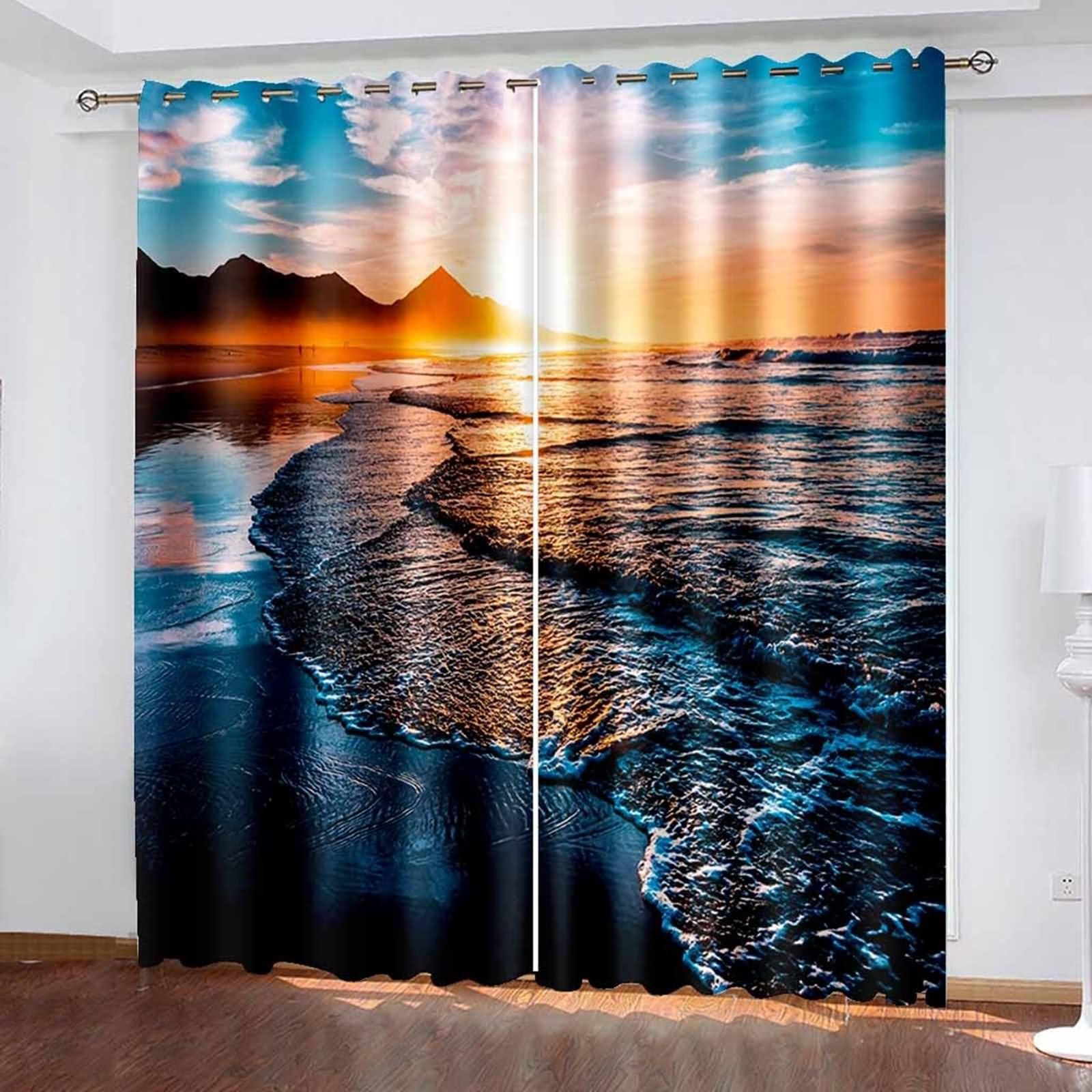 Zachodnie zasłony, zasłona okienna zaciemniająca wielokolorowa plaża i wschód słońca krajobraz 2 panele 428 x 229 cm