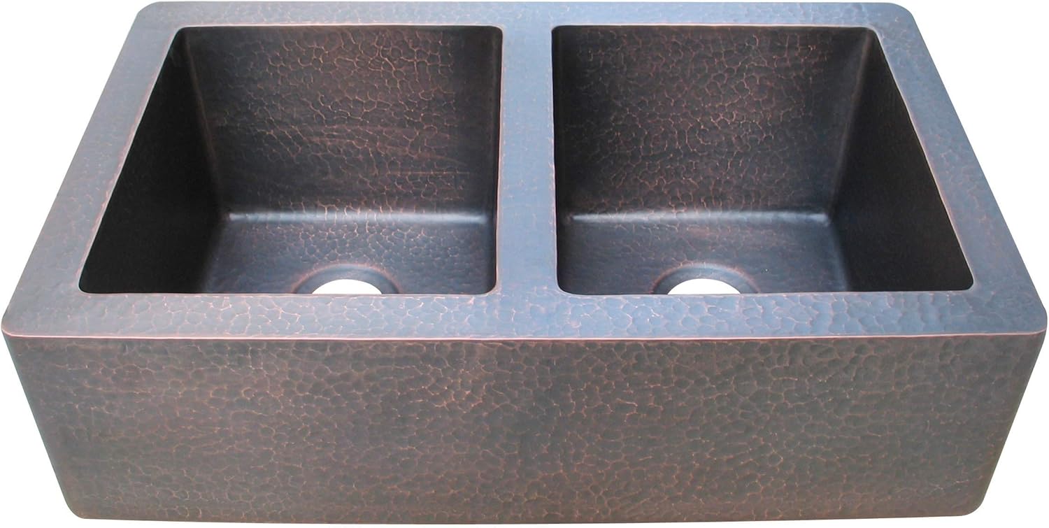 Custom Kitchen sink withou Apron Front 14 Gauge Solid Copper Undermount Double Bowl Handcrafted by Sinda KEU341BRASS