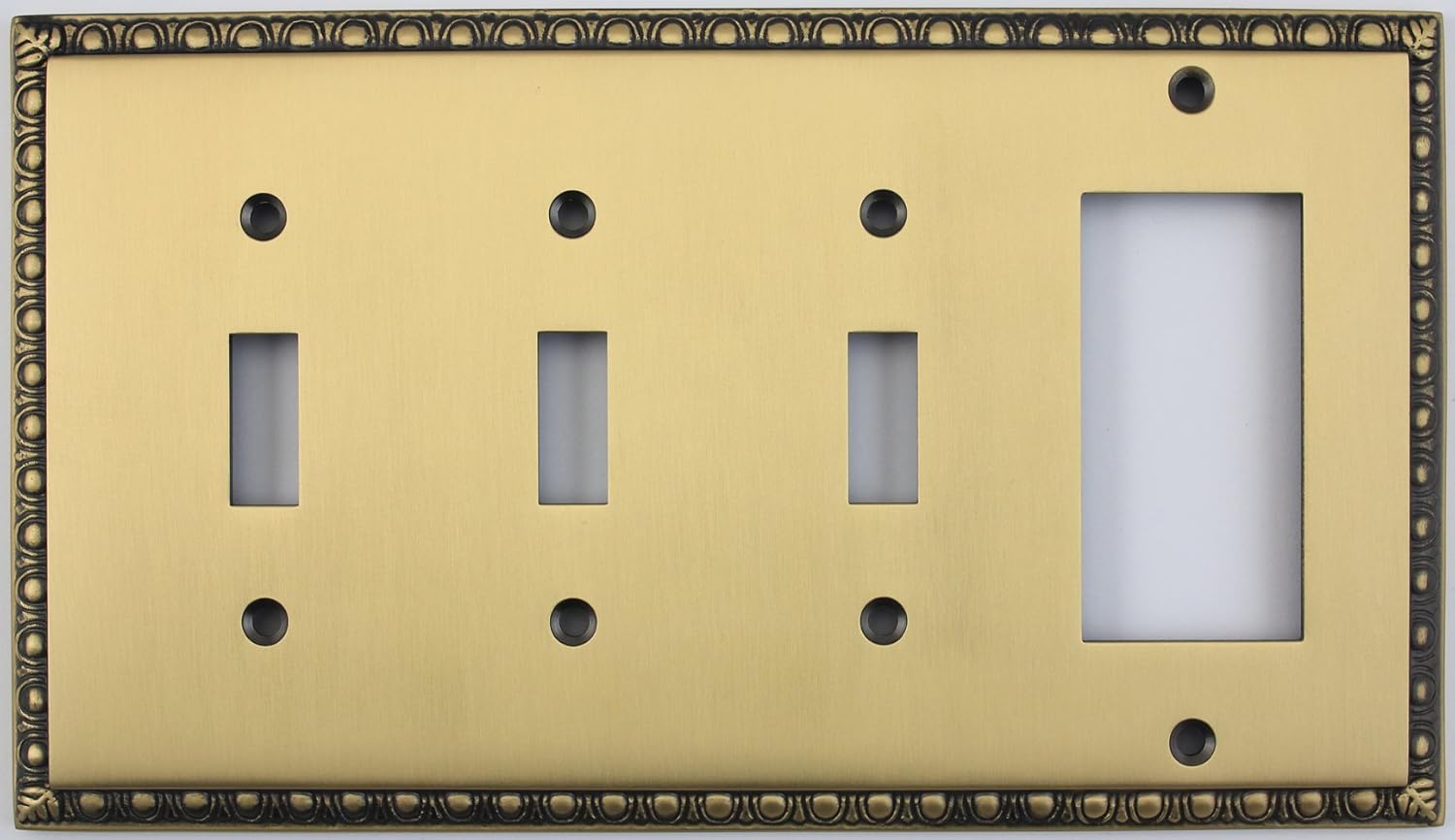 Egg & Dart Antique Brass 4 Gang Combo Switch Plate - 3 Toggle Light Switches 1 GFI Outlet/Rocker Switch