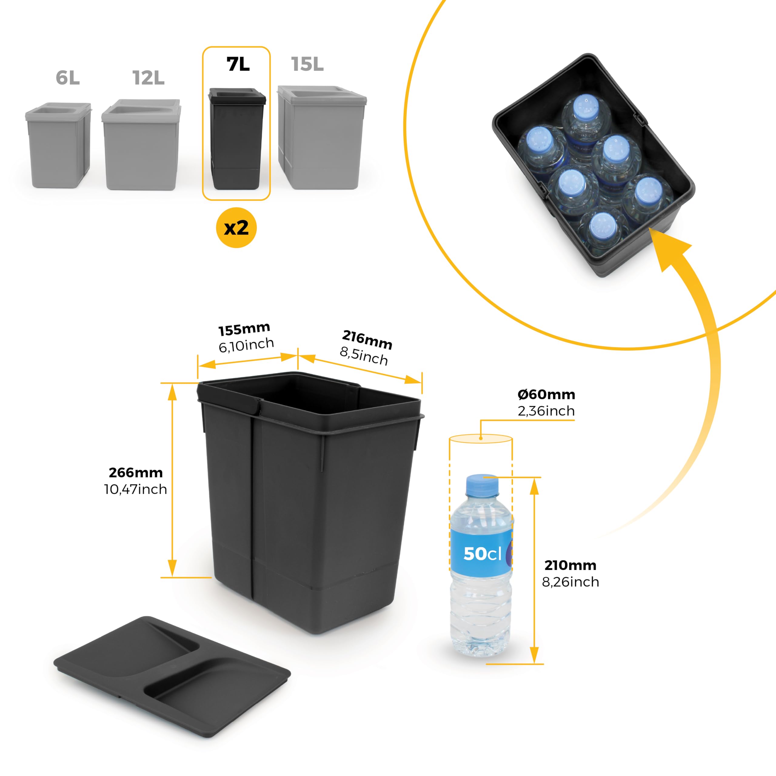Emuca - Contenitori per la raccolta differenziata per cassetti da cucina, H 266 mm (2 x 15 L + 2 x 7 L), Plastica nera