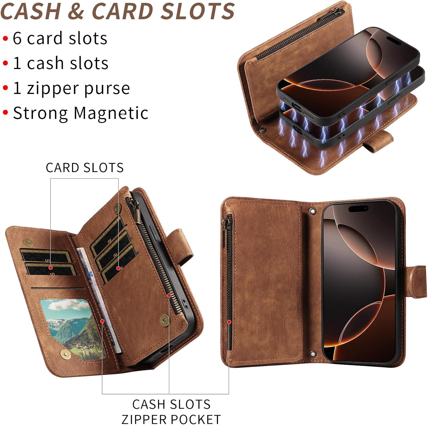Asuwish Phone Case for iPhone 16 Pro 6.3 inch Zipper Wallet Detachable Magnetic Cover with Tempered Glass Screen Protector Crossbody Lanyard Strap Card Holder i Phone16 i16 16Pro Women Men Girls Brown