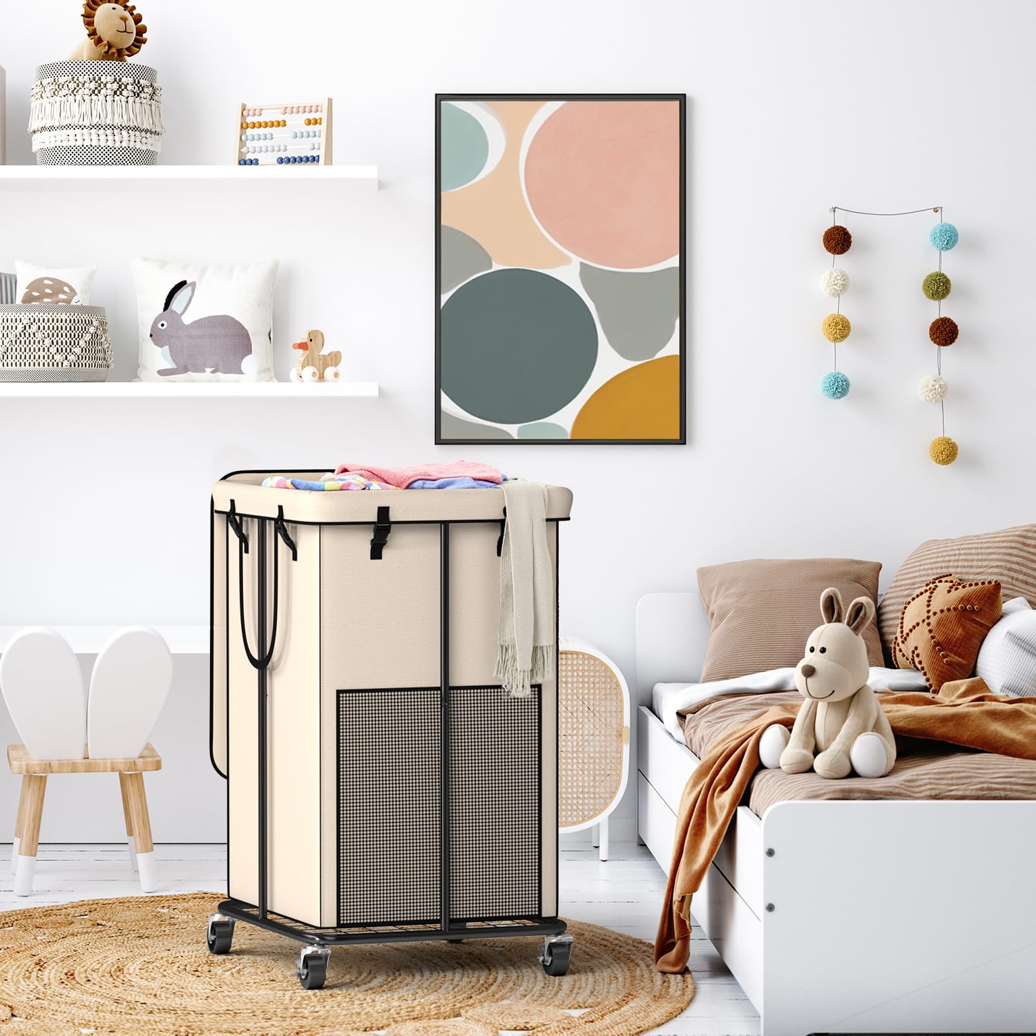 Cestas de lavandería grandes de 150 litros con tapa, cestas de tela Oxford, marco de metal y bolsa extraíble, diseño con ruedas para dormitorio, baño, dormitorio, lavandería (tapa de helado)