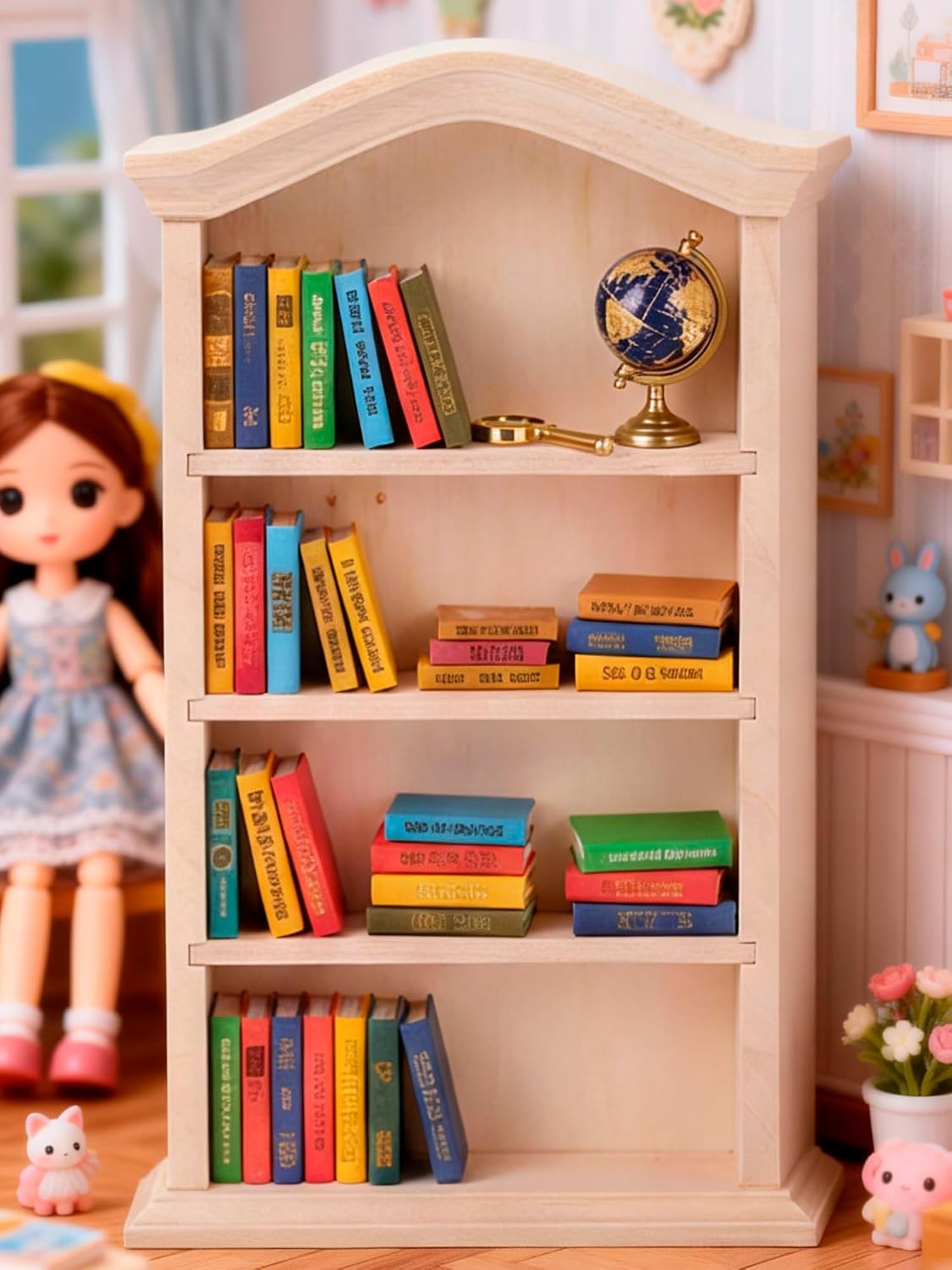 Mini Bookshelf, Dollhouse Bookshelf for Mini Books, 1:12 Miniature Bookshelf of Miniature Dollhouse Furniture, Wooden Doll House Book Shelf, Dollhouse Bookcase Wood Color (1)