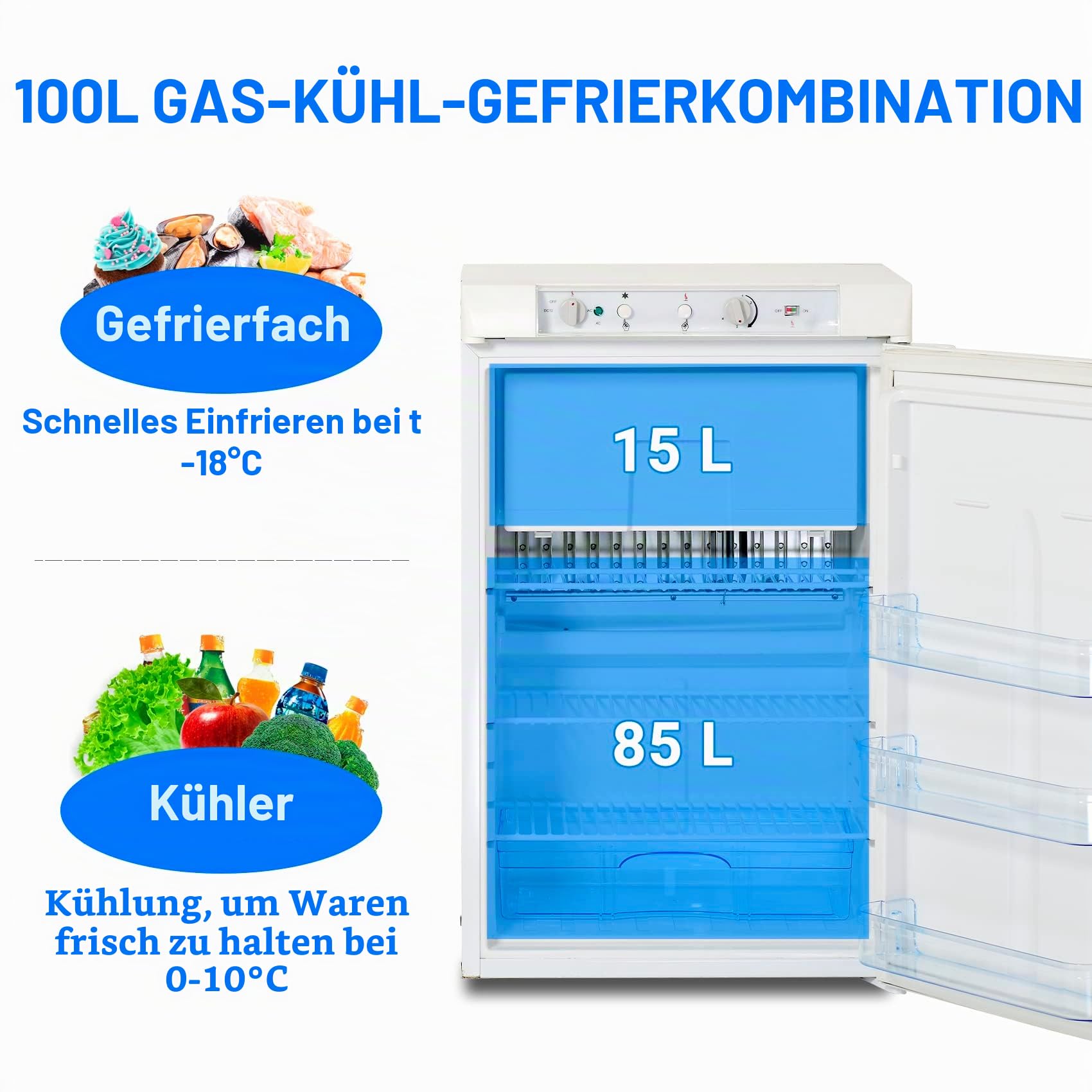 Mini Kühlschrank mit Gefrierfach, Gas Kühlschrank 100L,12V 230V, Camping Kleiner Kühlschrank für Wohnmobil, Wohnwagen, Haus, Ferienwohnung, Mobilheim, Weiß