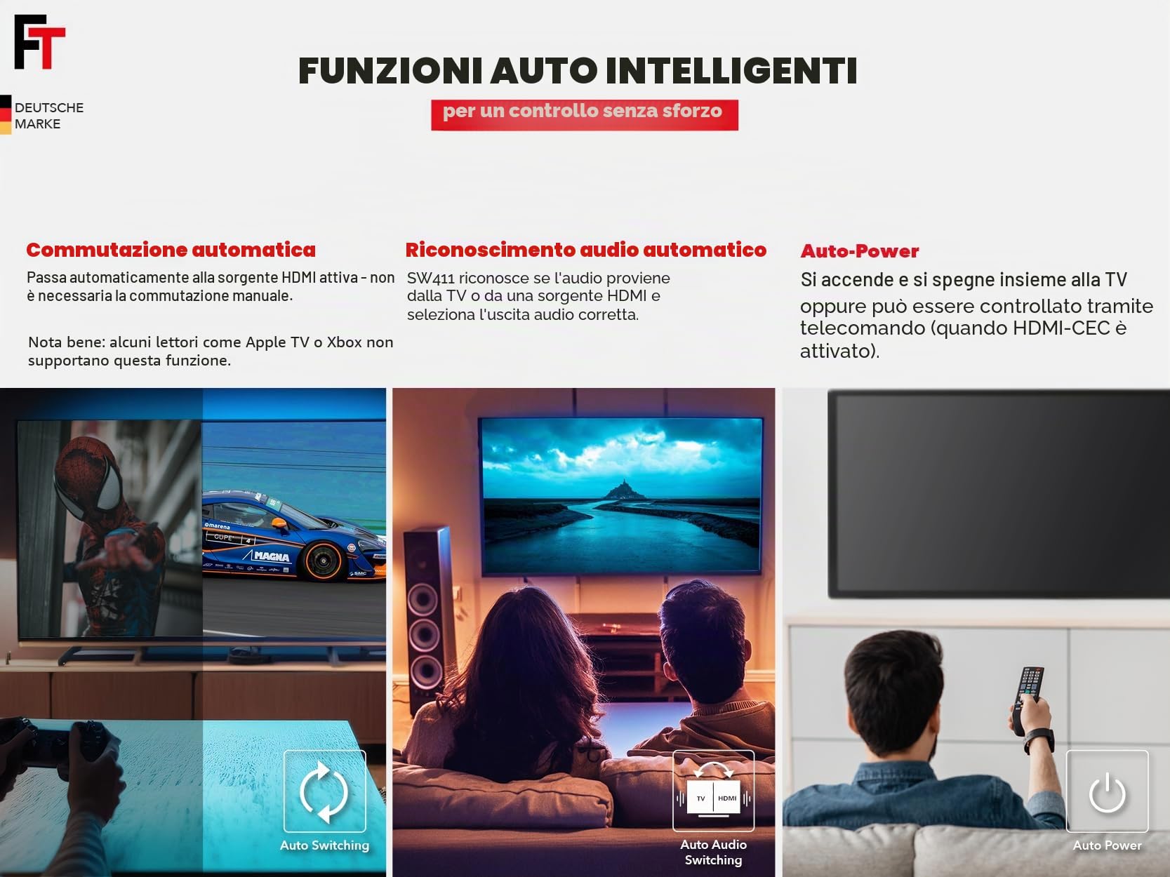 FeinTech SW411 HDMI 2.1 Switch 4 in 1 Out con estrattore audio per sistemi audio con ingresso HDMI, Toslink e AUX, supporta 4K 120Hz e 8K