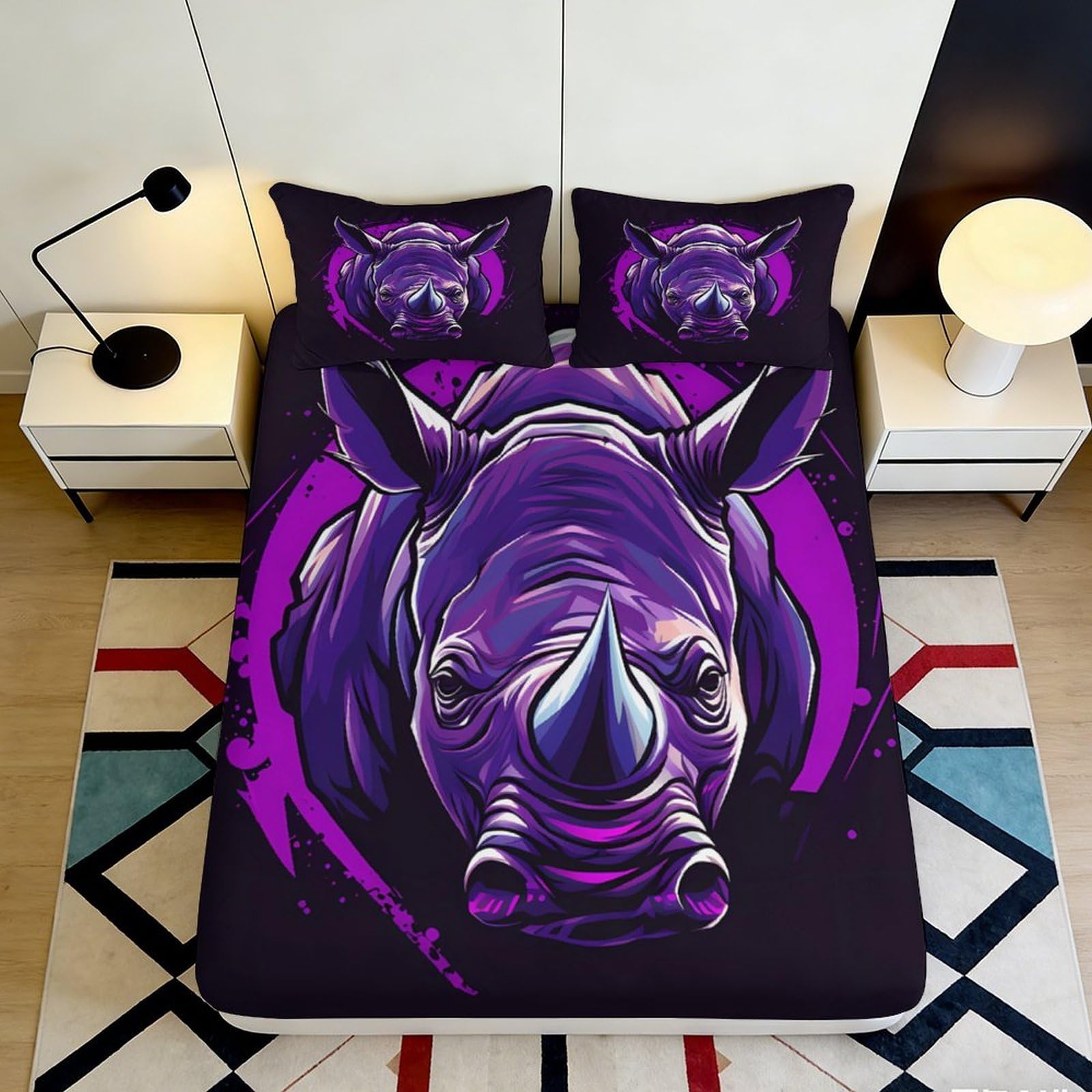 3D Printed Purple Rhino Fitted Sheet Microfiber Soft Bedroom Decor Youth Bed Cover Anti-Slip Machine Washable 90x200x25cm