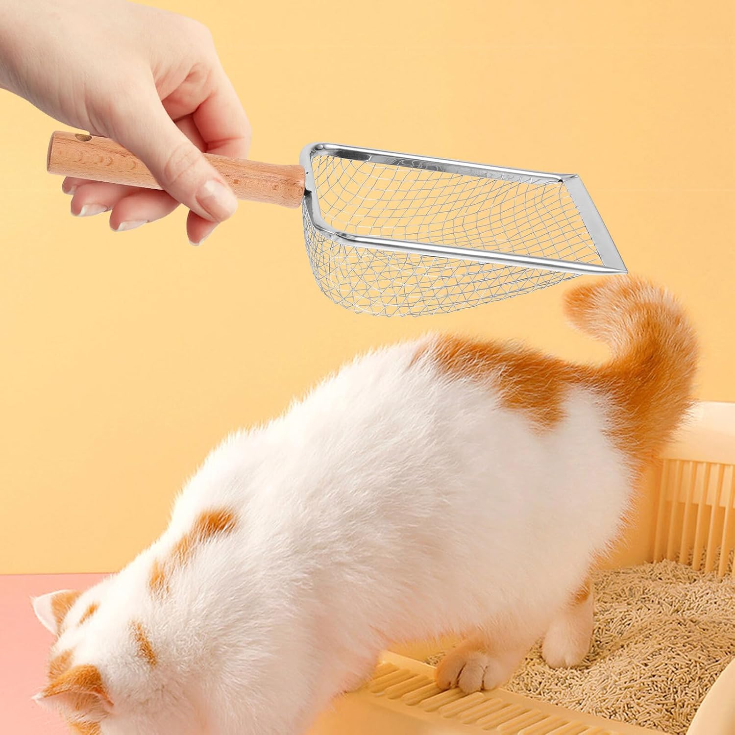 Toddmomy Metal Cat Litter Scoop Stainless Steel Sifting Shovel with Wood Handle 5x5mm Mesh for Clumping Litter Cleaning in Cat and Small Pet Terrariums
