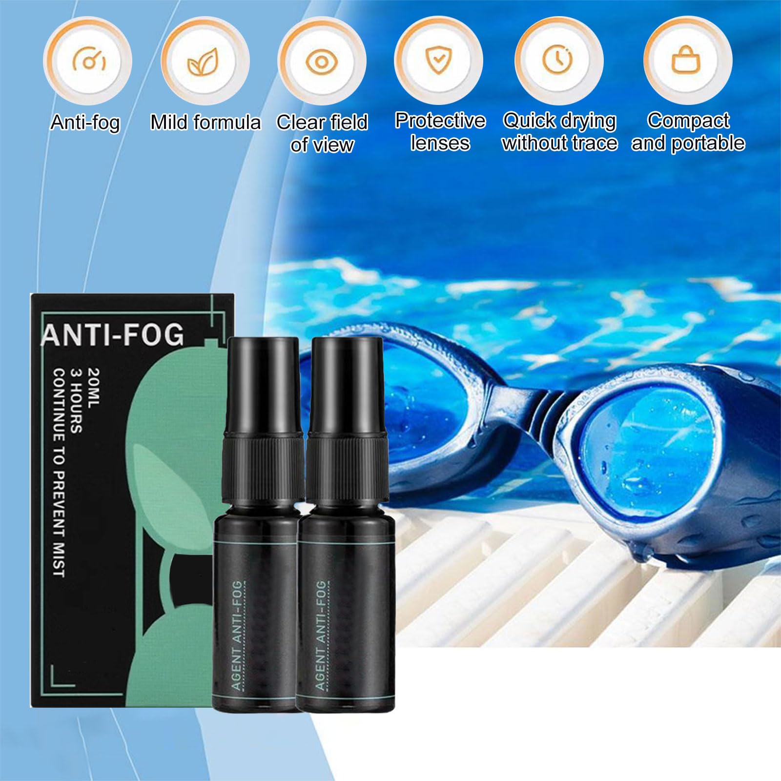 Spray zapobiegający zaparowaniu okularów do pływania, 2 sztuki, 20 ml, ochrona przed zaparowaniem, do okularów, ochrona przed zaparowaniem