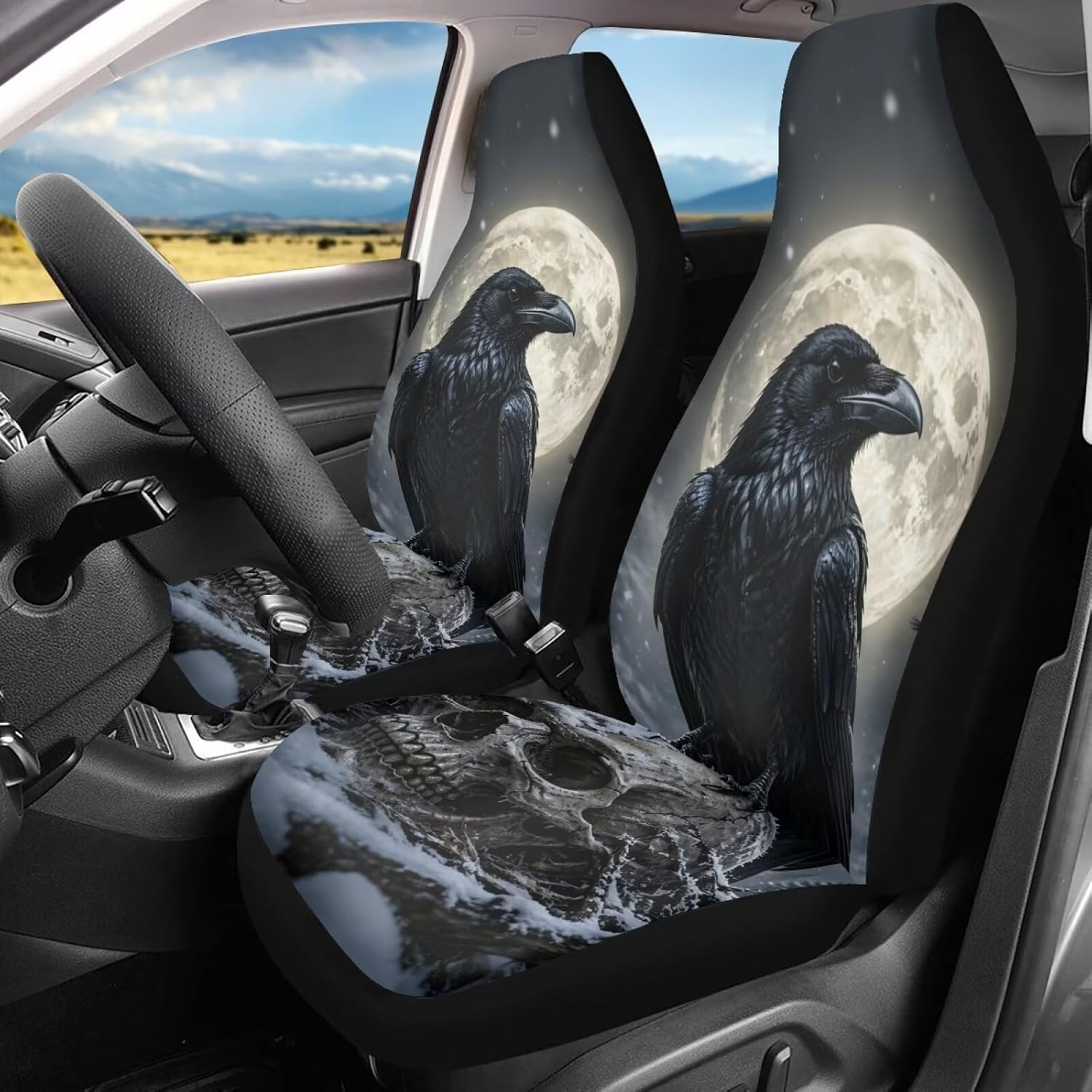 Raven Crow Skull Moon Print Car Seat Covers, 2 Pieces Washable Vehicles Front Seat Protectors, Scratch-Resistant Bucket Seat Cover Fits Most Vehicles, Sedans, Trucks, SUVs, Vans