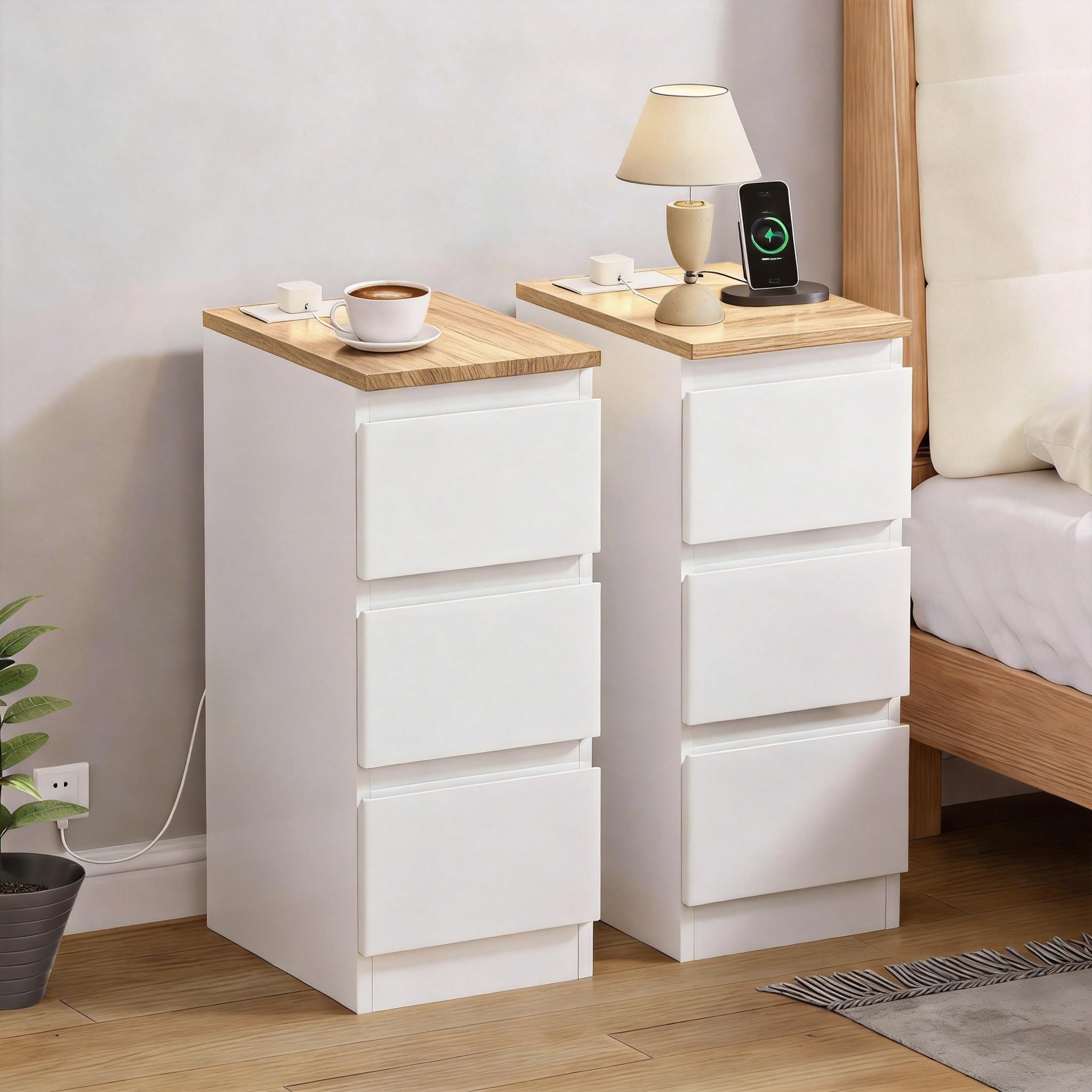 Homullel 25CM Small Bedside Table Set of 2, Slim Narrow Bedside Cabinet with Charging Station, 3 Drawers Sofa Bed Side Table for Bedroom, Living Room (Matte White with Charging Station, Set of 2) — image 1