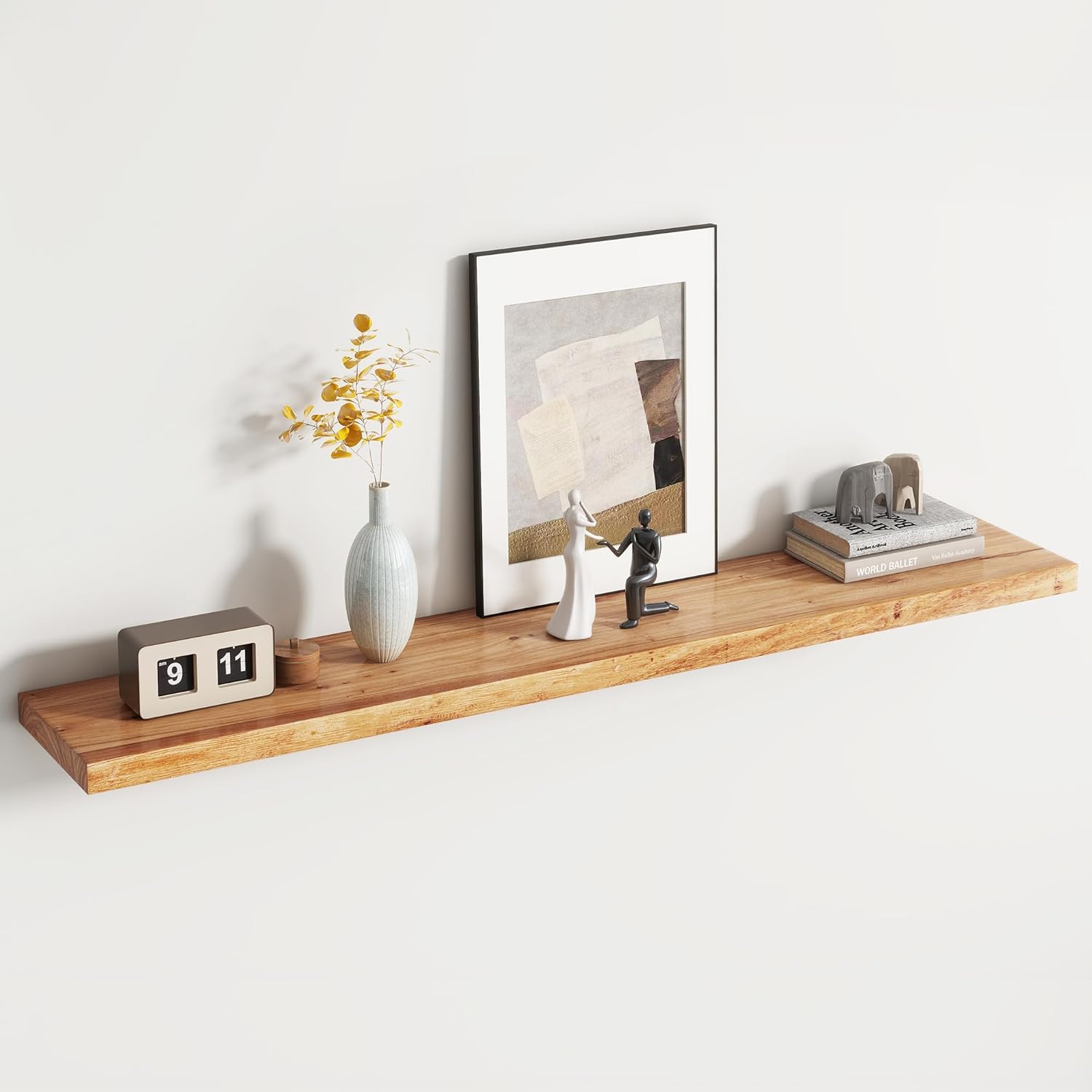 rustic elm wood floating shelf for wall, flat edge 55"w x 9.2"d x 1.4"h, 1 pack with invisible bracket, large wall mounted storage shelf for living room bedroom kitchen bathroom decor, natural finish natural finish flat edge, 55"w, 1pack