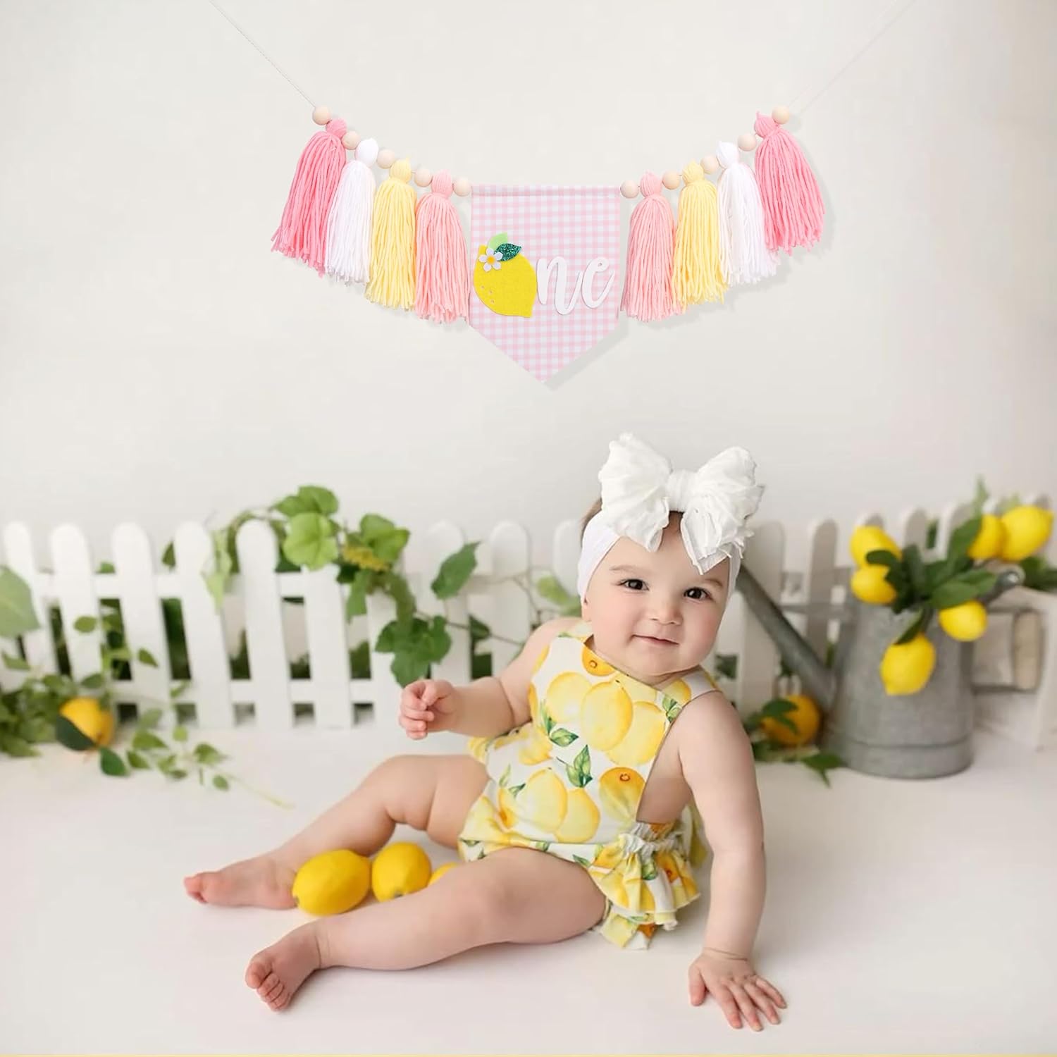 Lemon First Birthday High Chair Banner - Pink Gingham One highchair Banner with Yarn Tassels for Baby Girl 1st Birthday Decorations, Lemon Sweet One Theme Party Decor - Image 3