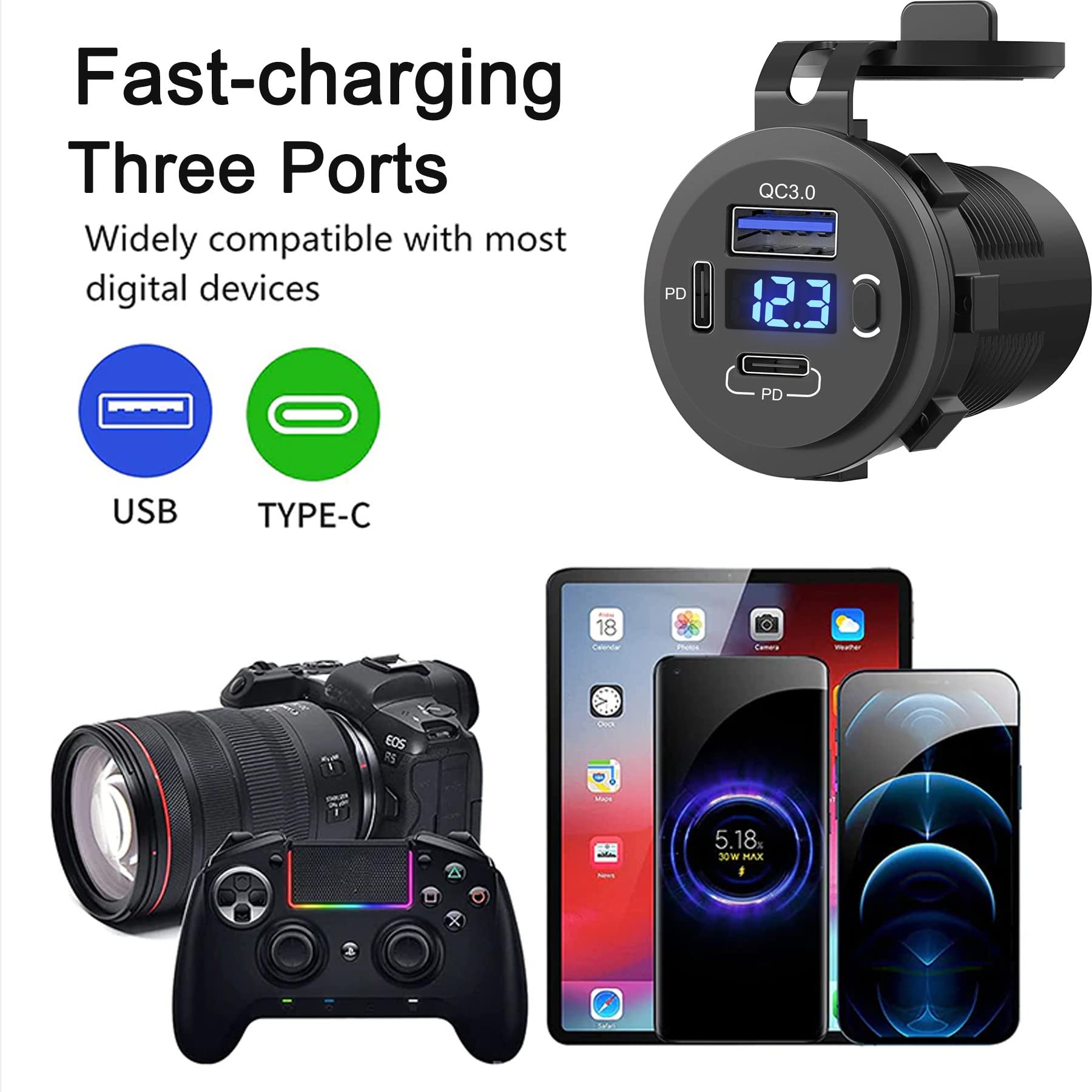 12 V USB-Steckdose USB C Kfz-Ladegerät Buchse (2PD + 1QC)