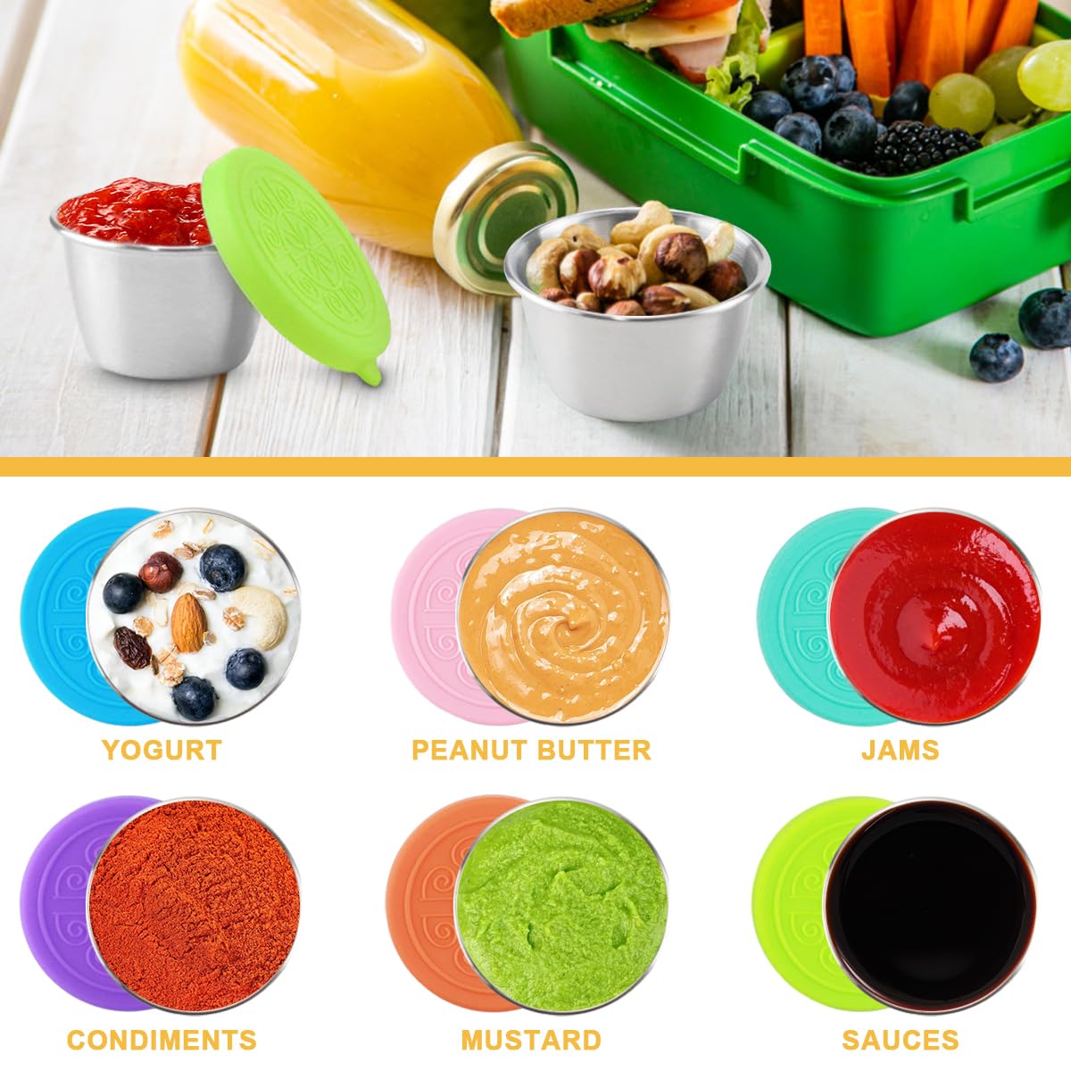 Soleebee Set di contenitori per alimenti con coperchio, 3 x 70 ml, in acciaio inox, piccolo contenitore per spezie, snack, riutilizzabile, a prova di perdite, per salse e spezie (stile A
