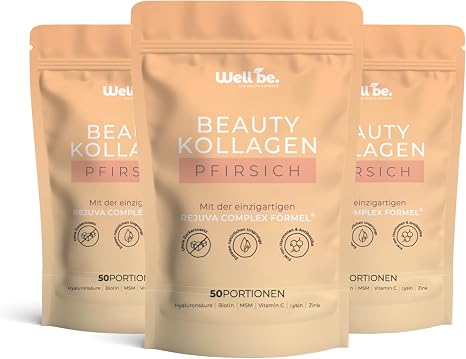 Wellbe Collagen Powder Peach - High Dose with Maximum Bioactive Collagen Hydrolysates Biotin Zinc Vitamin C & Hyaluronic - Collagen Powder - Collagen Powder Peptides Made in Germany 3 x 250 g