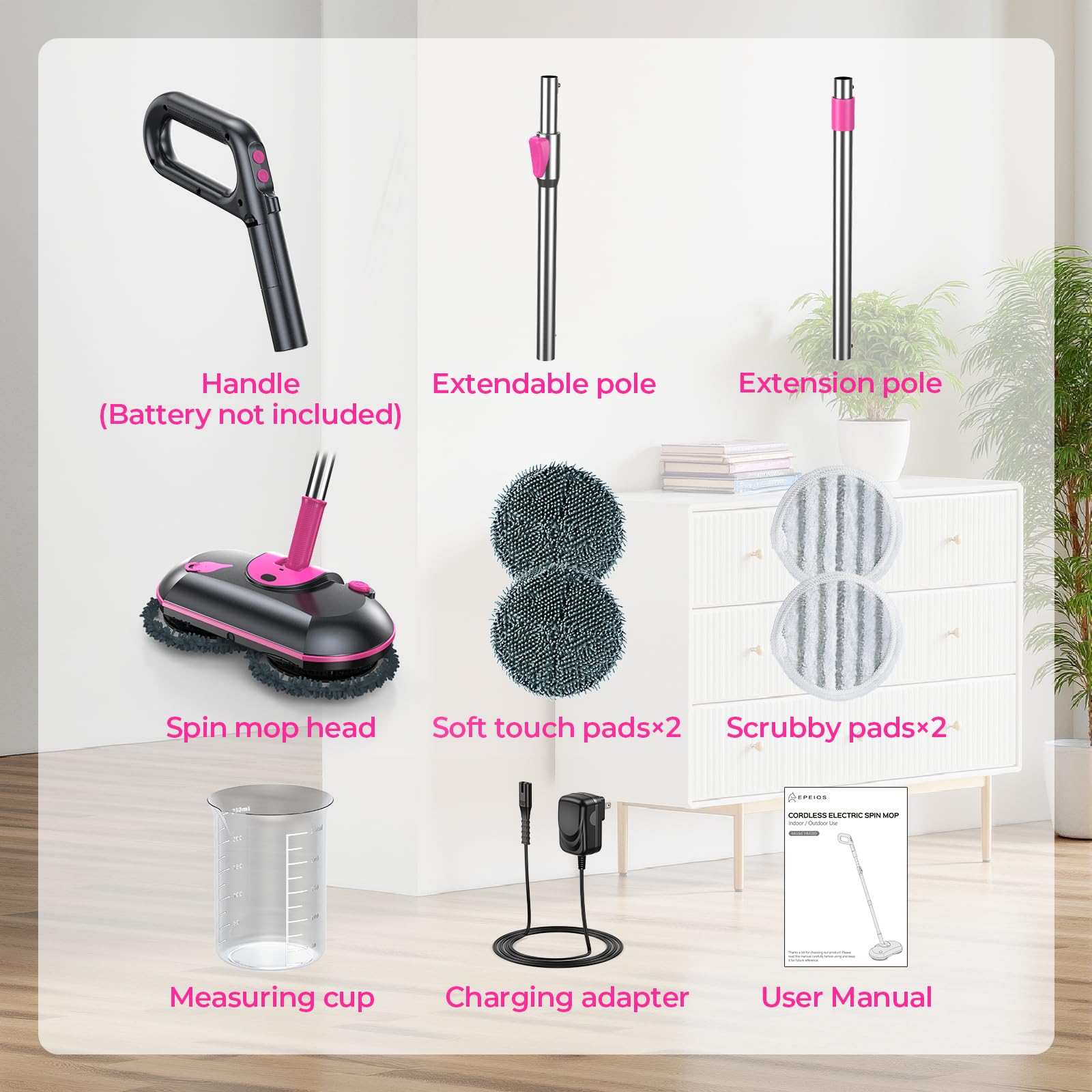 ScrubWiz Trapeador eléctrico inalámbrico, mopa giratoria eléctrica con spray de agua, potente limpiador de pisos, limpieza y cera súper silenciosa, blanco y negro