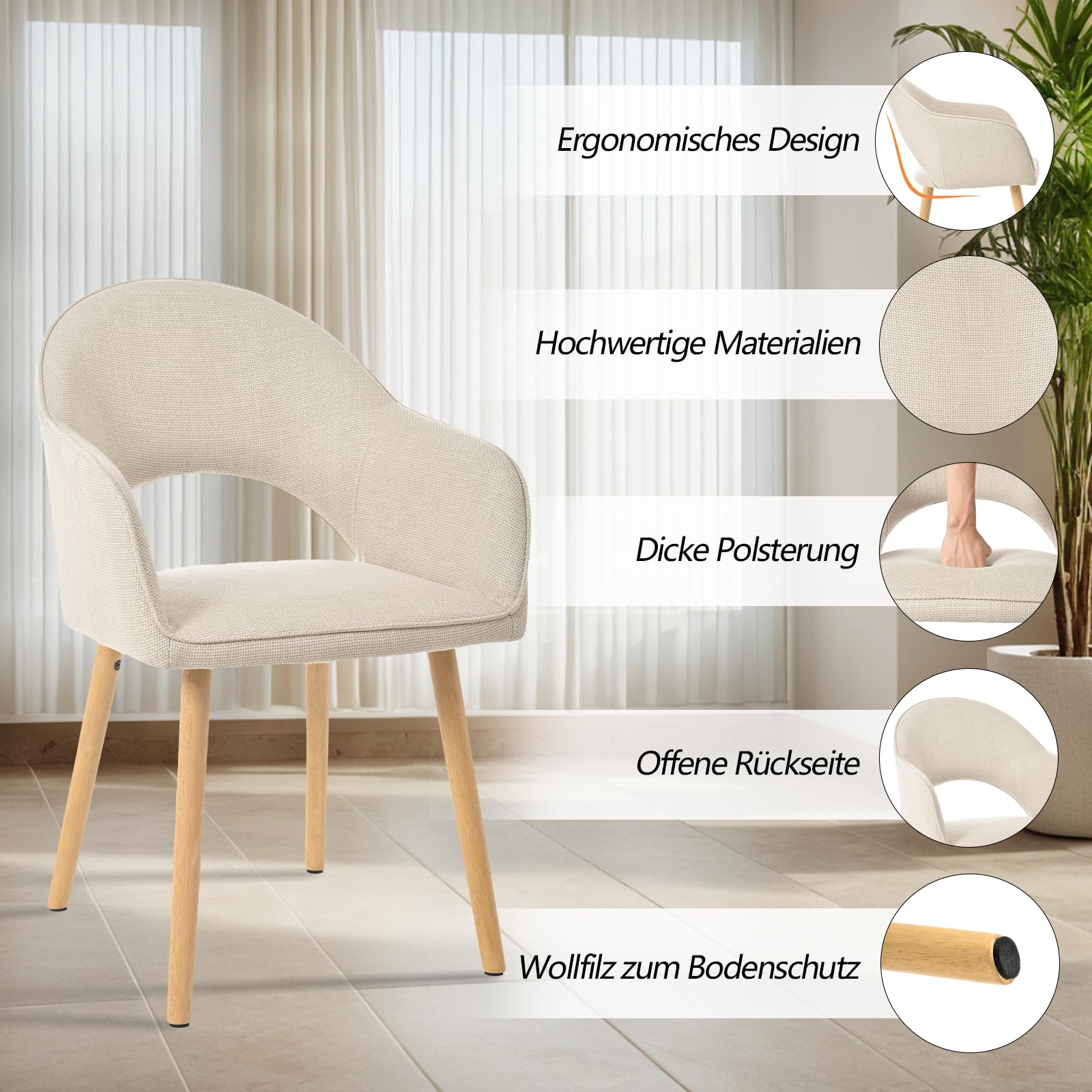 Lot de 6 Chaises Salle à Manger avec Accoudoirs,Fauteuils de Salle à Manger Rembourrés,Chaises de Cuisine avec Pieds en Bois pour Salon,Bureau,Beige