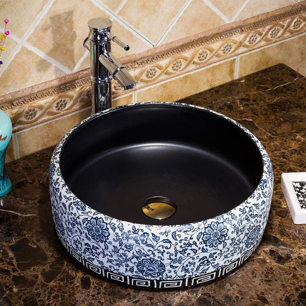 Umywalka Łazienkowa Nablatowa, Niebiesko-Biała Ceramiczna Umywalka Łazienkowa, Porcelanowa Umywalka Ceramiczna Nablatowa Ceramiczna Umywalka Łazienkowa