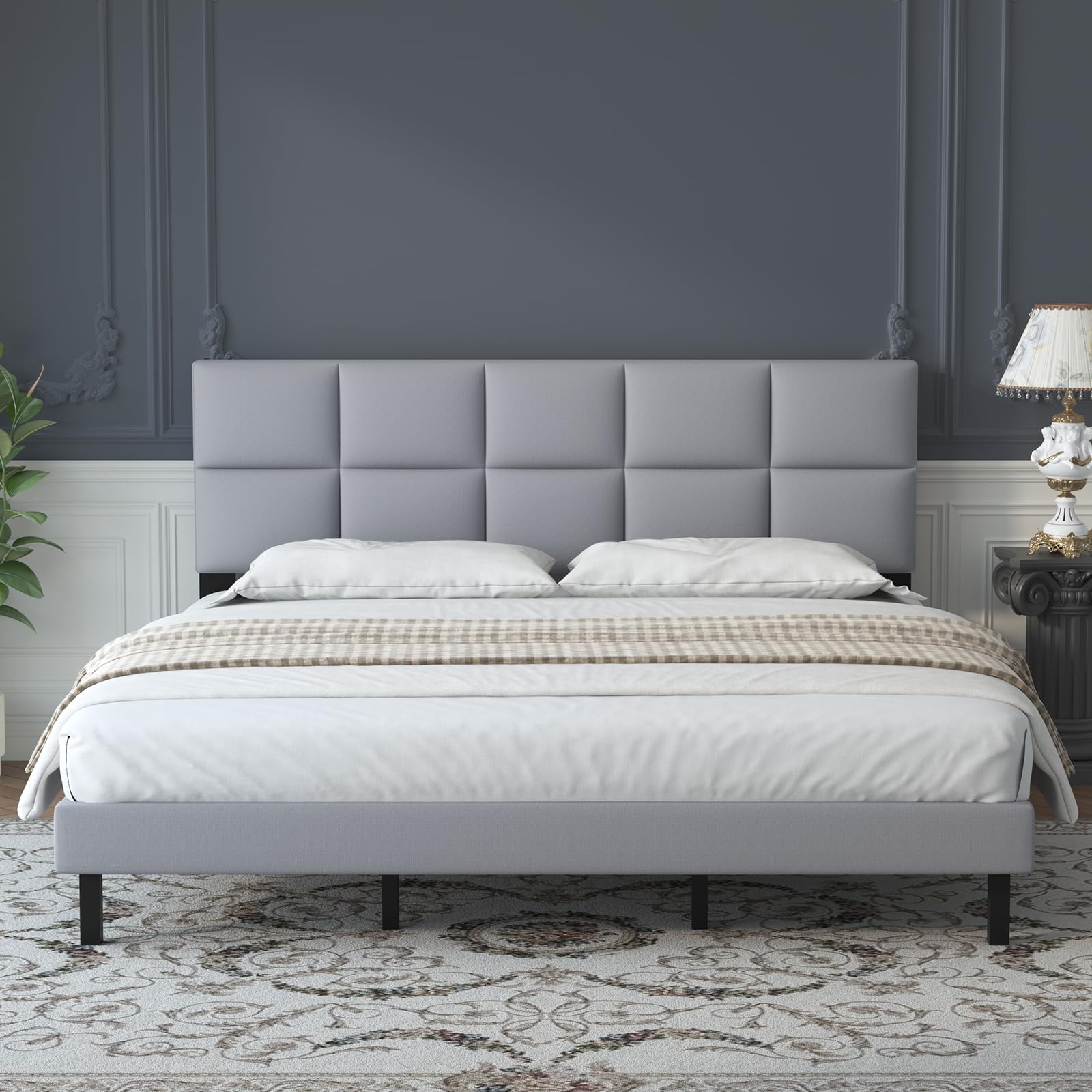 Natulliy Upholstered Platforms Full Bed Frame with Headboard，Underbed Storage Heavy Duty Steel Slat Support Light Grey Full Bed Frames