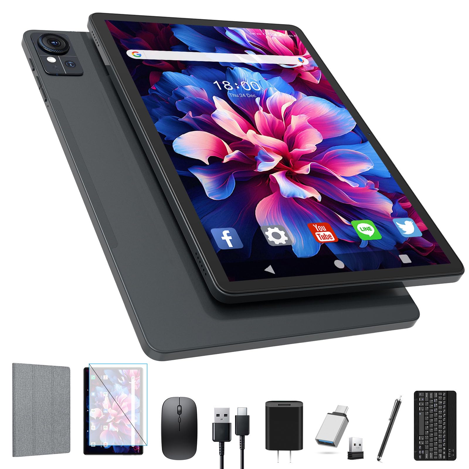 Lanzamiento 2025 Tableta de 11 pulgadas, tabletas Android 14 con teclado, 16 (8 + 8) GB de RAM, 128 GB de ROM 1 TB expandible, tableta WiFi 2.4G / 5G con BT 5.0, cámara de 13MP, octa-core, 8000 mAh, GPS, pantalla grande de 11" Incell-gris.
