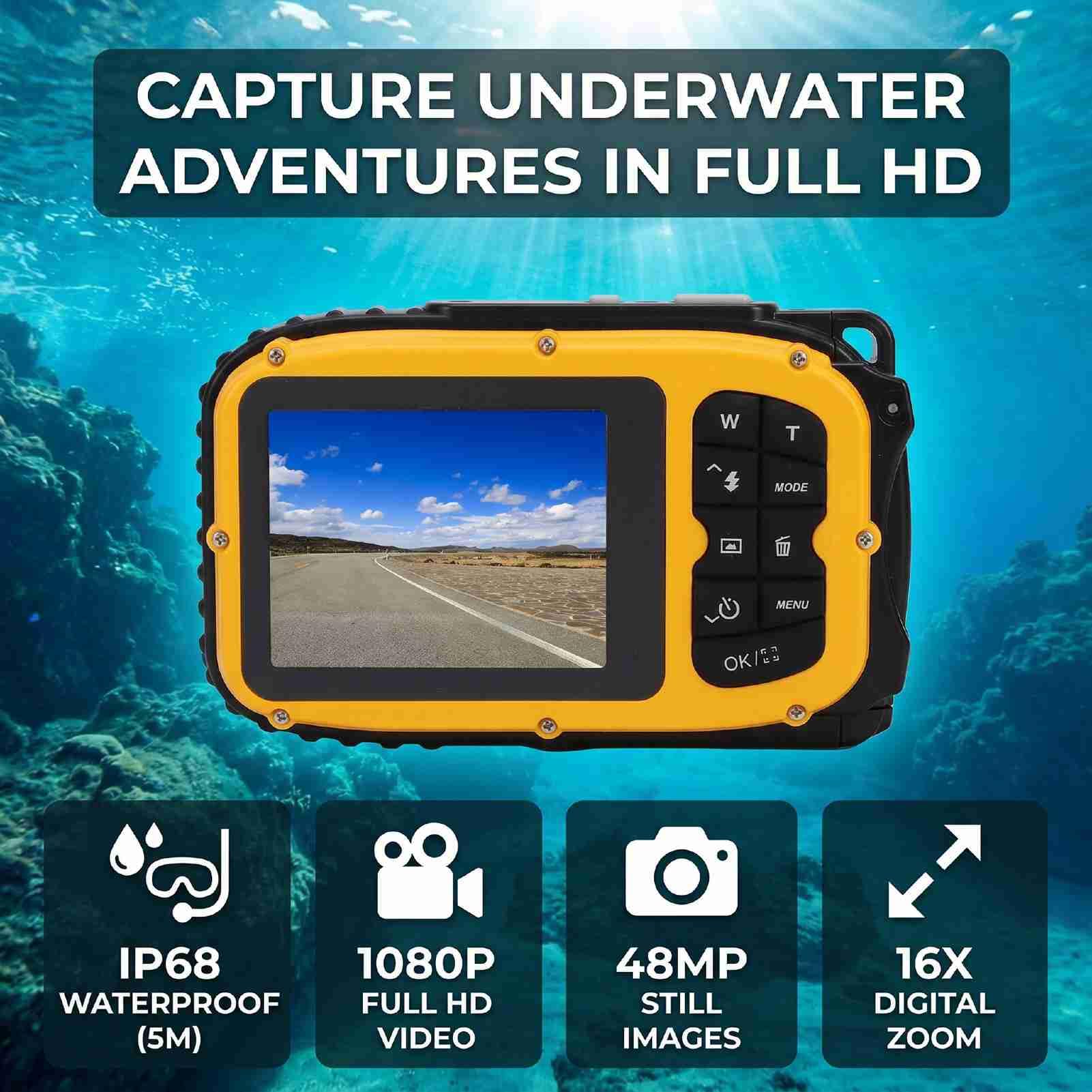 XUMIUZIY Fotocamera Subacquea 1080P 48MP, Resistente all'Acqua 5M, con Schermo Selfie (Yellow)