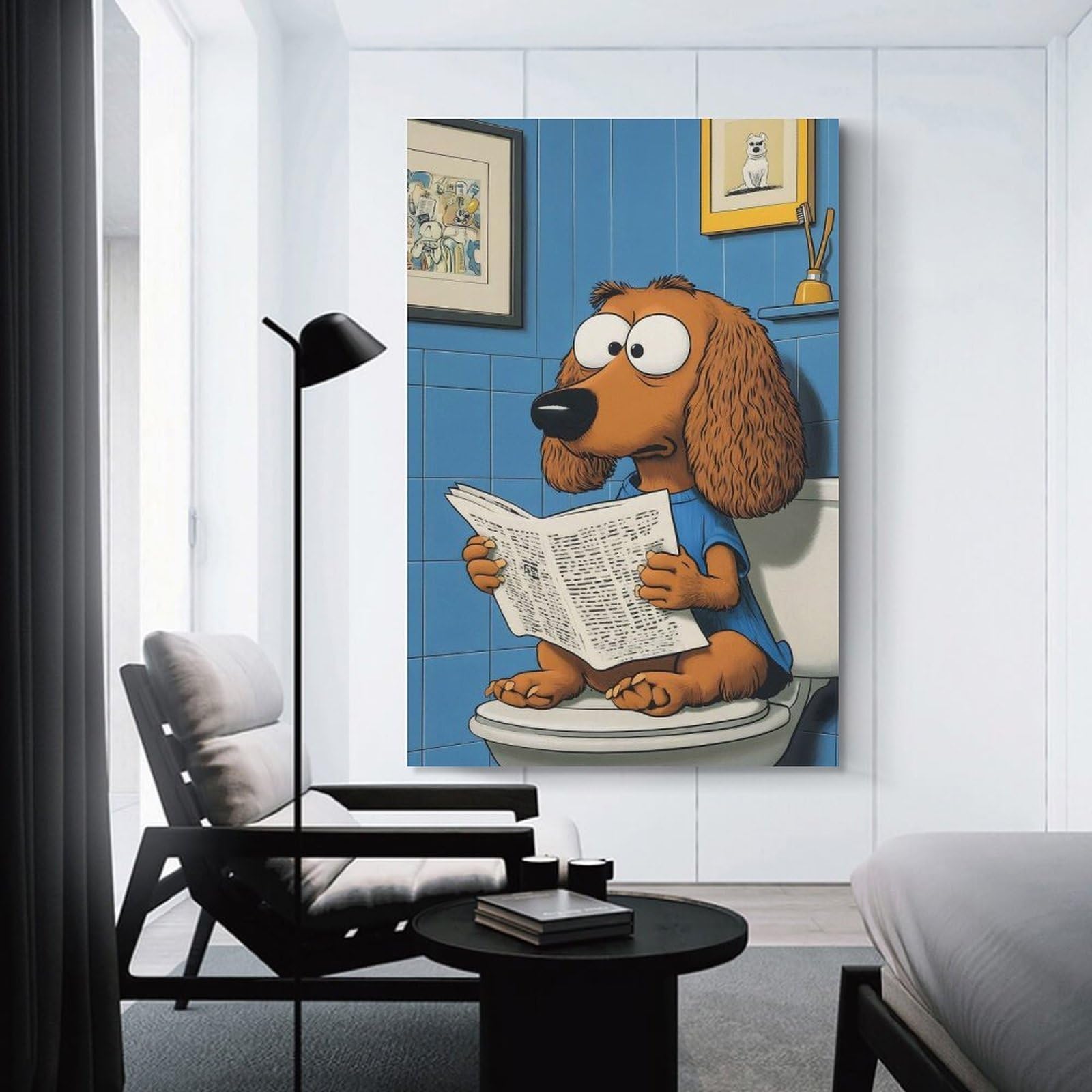 Junmoney Unframe-Style-21 Wall Decor Canvas Print Cartoon Dog Reading Newspaper On Toilet, 24X36inch(60X90cm), For Sofa Walls, Lounge Or Home Corners, Modern Wall Decor For Cosy Interiors