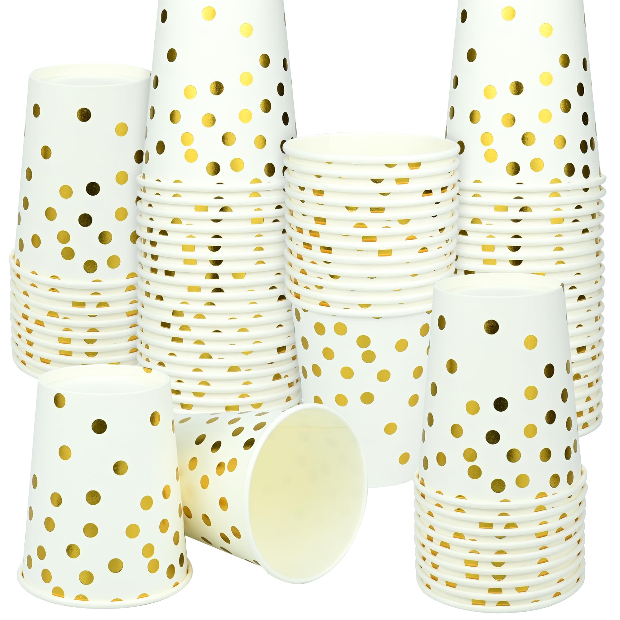 100 vasos de papel de 250 ml, con lunares dorados, vasos para fiestas, cumpleaños, bodas, tazas de café, biodegradables, para té, bebidas frías y calientes