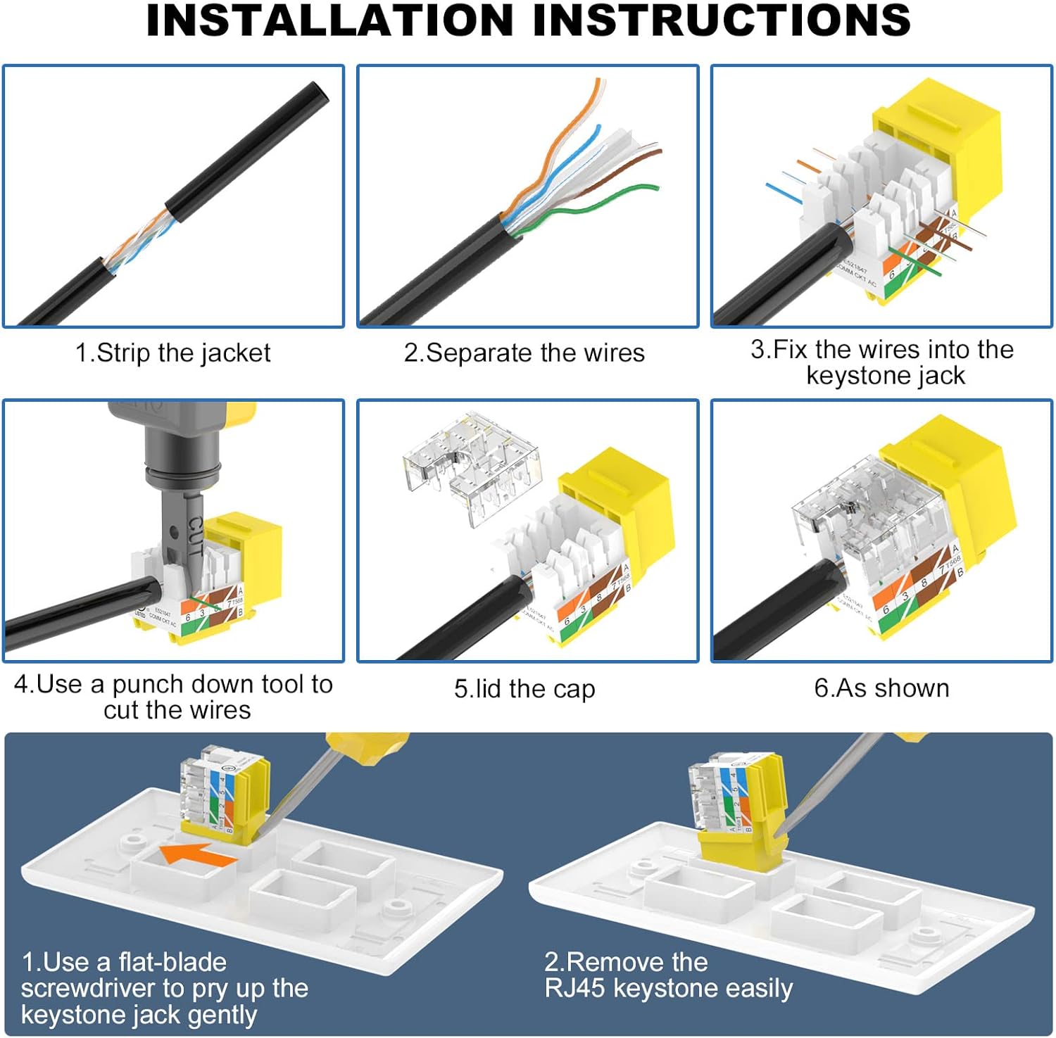 VCE UL Listed Cat6 RJ45 Keystone Jack Insert 25-Pack, 90 Degree Punch Down Keystone Jack Adapter Slim Profile Yellow