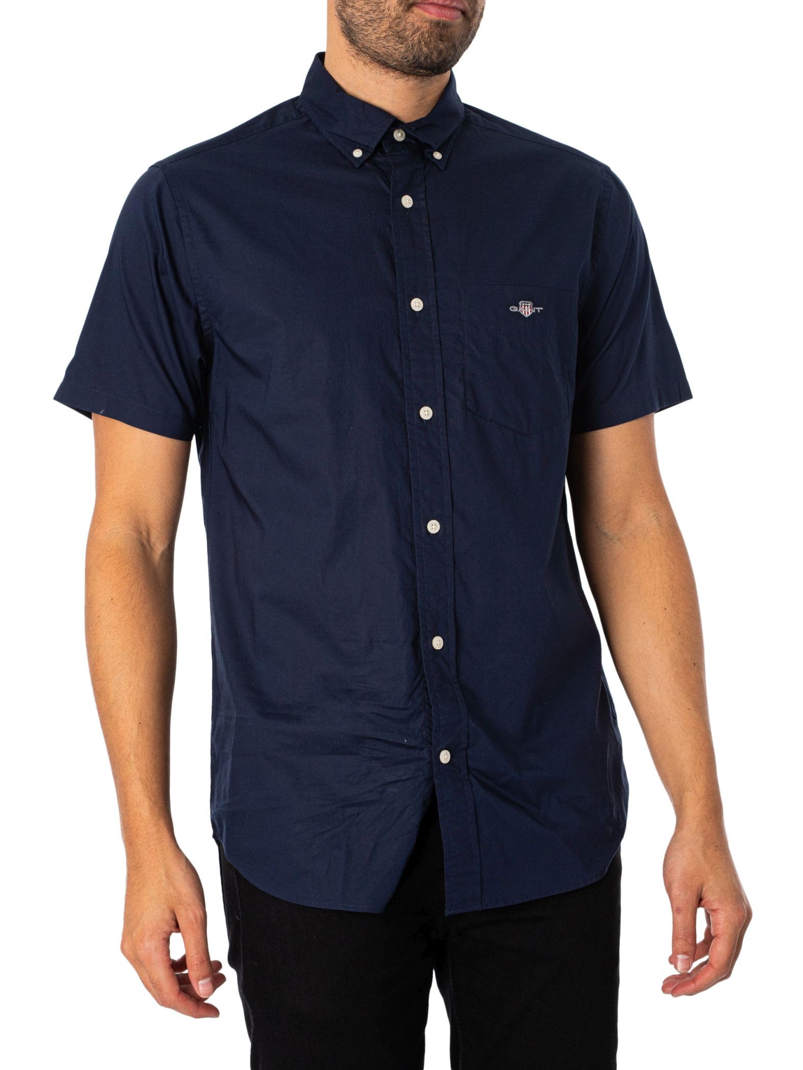 GANT Regular Fit Classic Poplin Short Sleeve Shirt, Navy, Size M, Men