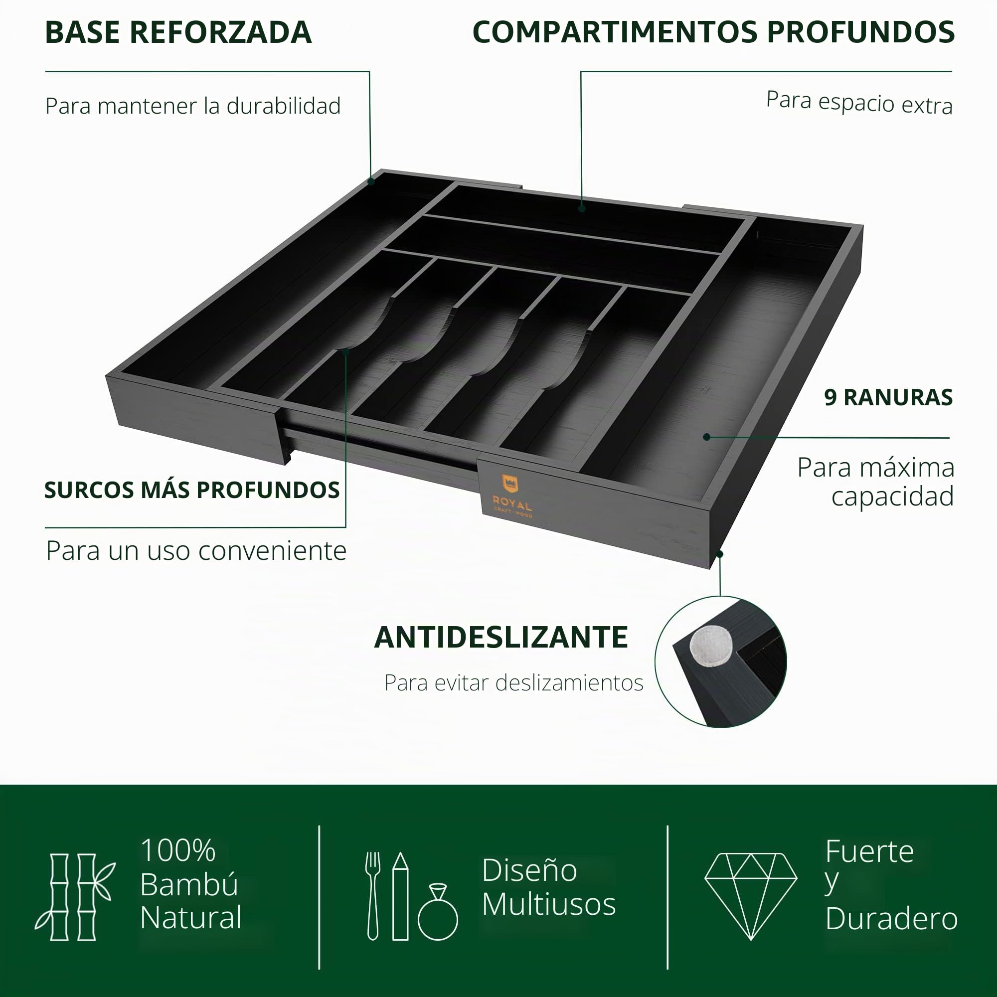ROYAL CRAFT WOOD Organizador de cajones de cocina de bambú de lujo, organizador de cubiertos, soporte para utensilios y bandeja de cubiertos con separadores ranurados para cubiertos y utensilios de
