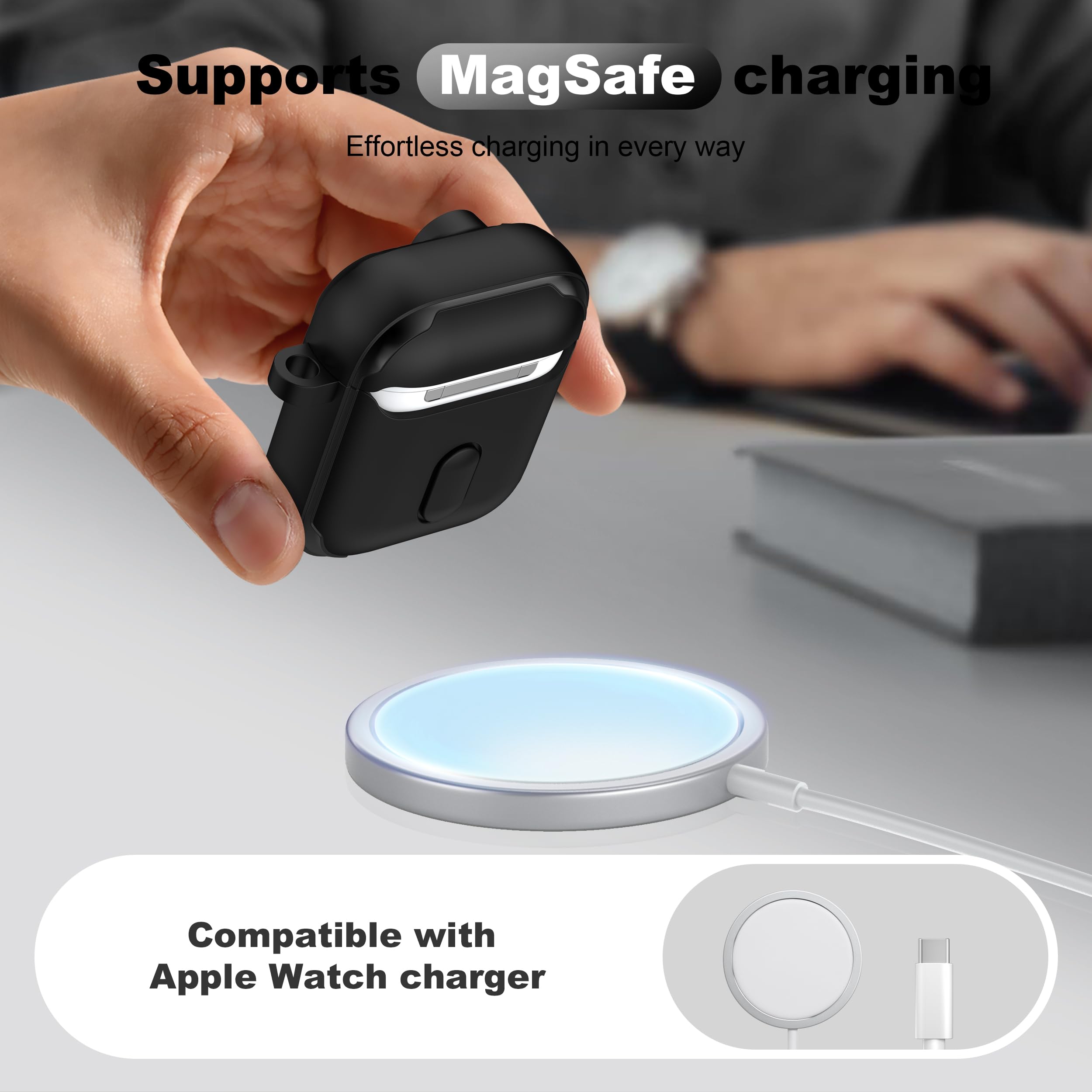 RFUNGUANGO Compatible with AirPods Case with Cleaning kit, Anti-Fall Lock Design, Powerful Drop Protection, TPU Skin-friendly Texture Compatible with AirPods 2nd 1st Generation Charging Case,Black — view 4