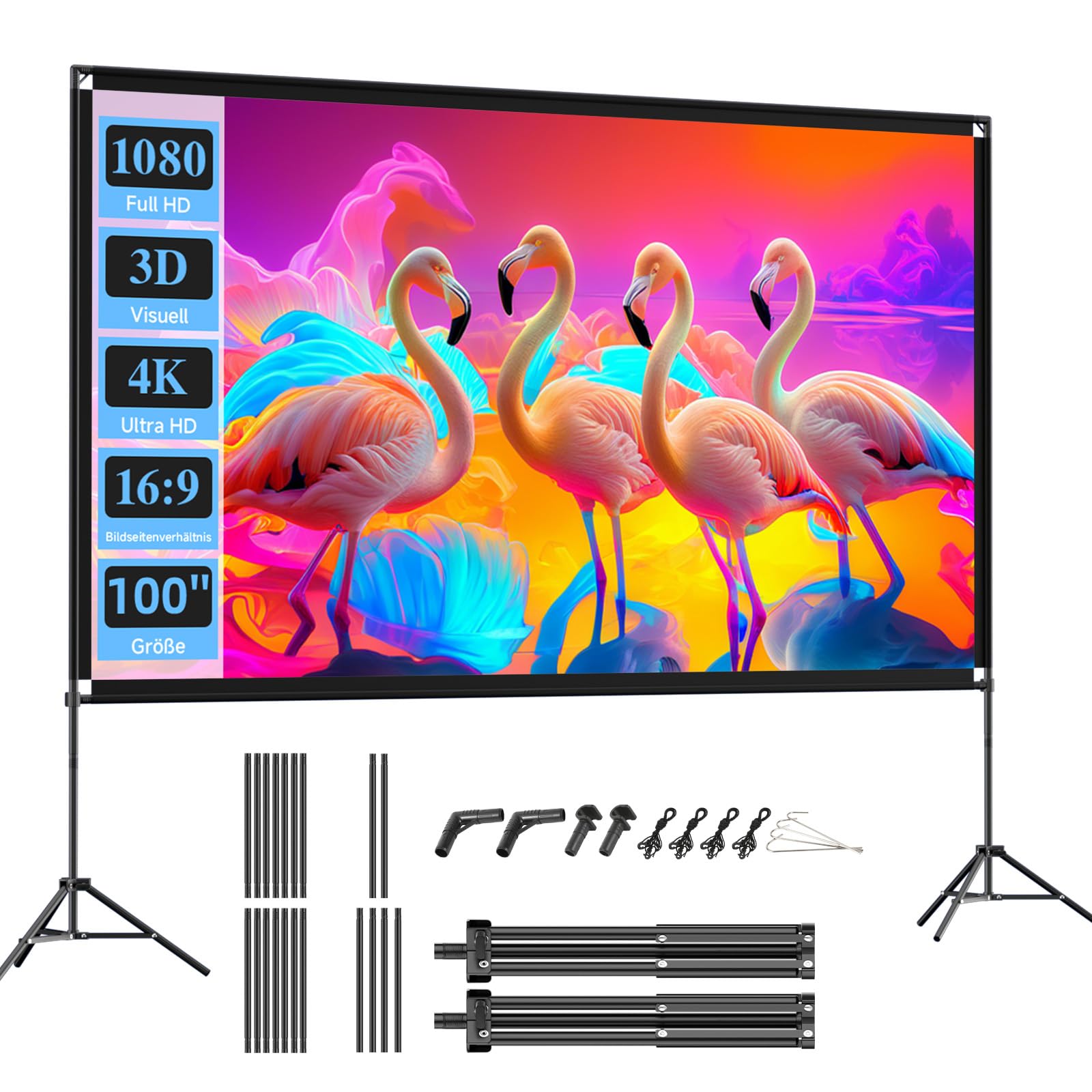 VISULAPEX 100” Beamer Leinwand mit Stativ, 16:9 4K HD Projektor Leinwand Tragbar, Faltbare leinwand Beamer mit Tragetasch für Heimkino Gartenkino Theater Nächte
