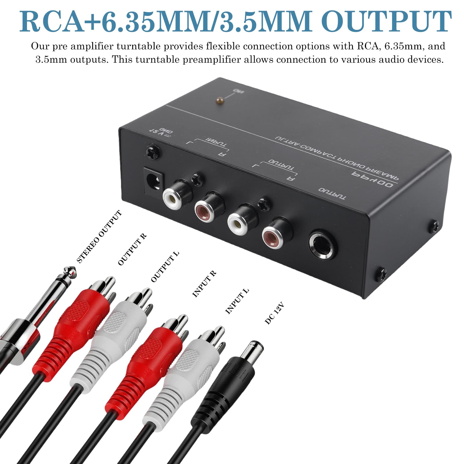 Preamplificatore Phono MM, Ingresso e Uscita RCA, Alimentazione DC 12V