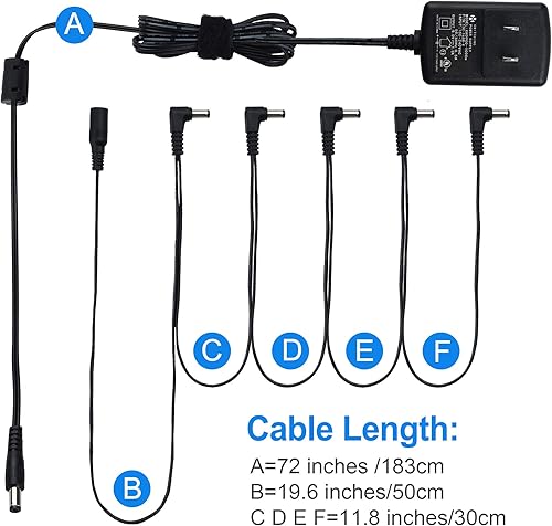 Miniatura 3 de LotFancy Fuente de alimentación de pedal de guitarra, adaptador de corriente continua de 9 V 1 A con cable de cadena margarita de 5 vías, para