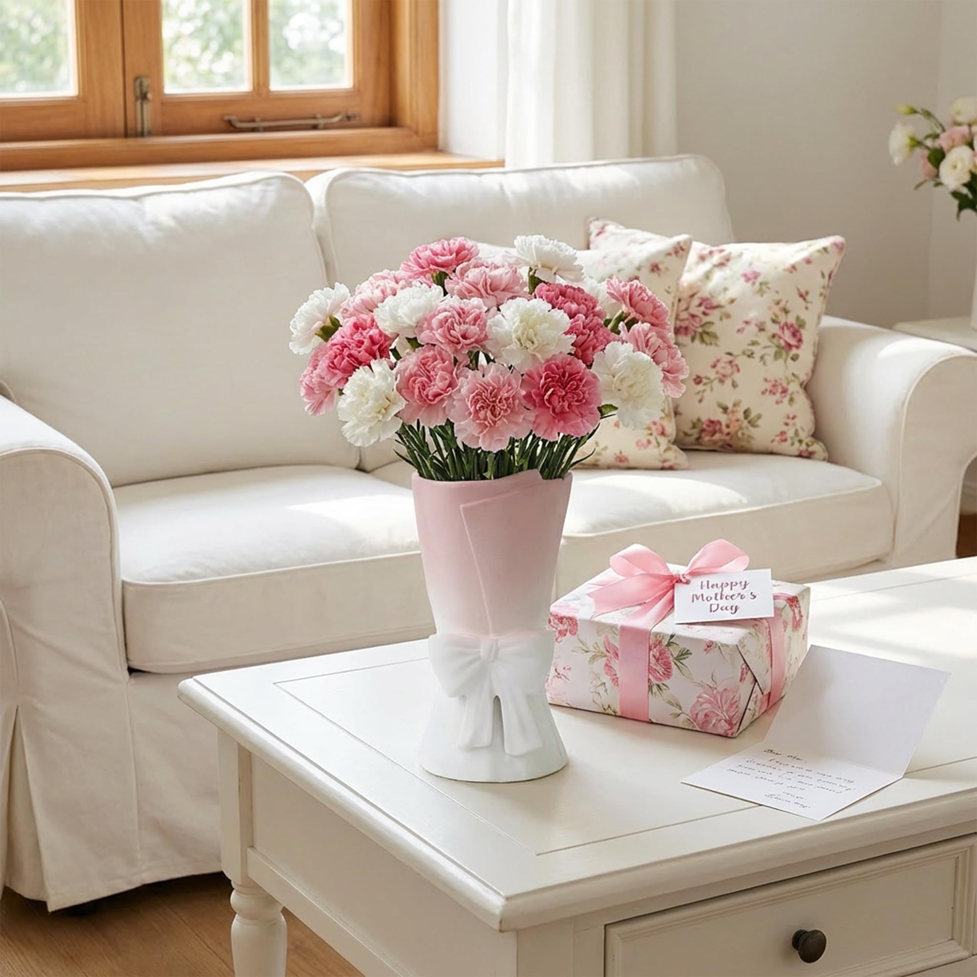 Relexome Różowo-biały ceramiczny wazon z kokardą 24,5 cm unikalny uroczy nowoczesny dekoracyjny bukiet wazony na kwiaty do domu salonu dekoracja stołu kobiety dziewczyny prezenty