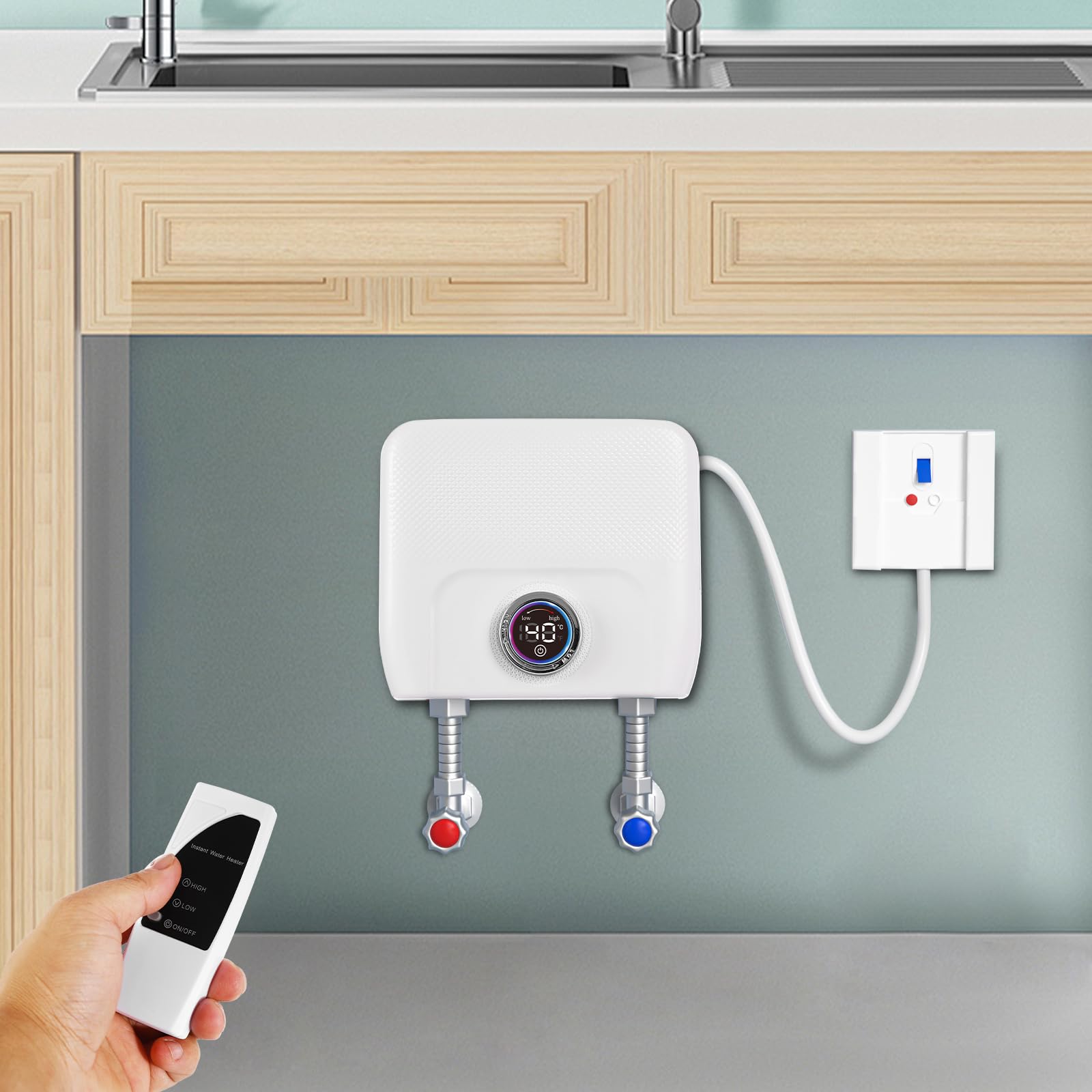 Scaldabagno Istantaneo 6500W, Scaldabagno Elettrico 220V, Mini Scaldabagno Senza Serbatoio, Schermo LED Digitale, Funzione Memoria, Controllo Intelligente, per Cucina Bagno Lavandino
