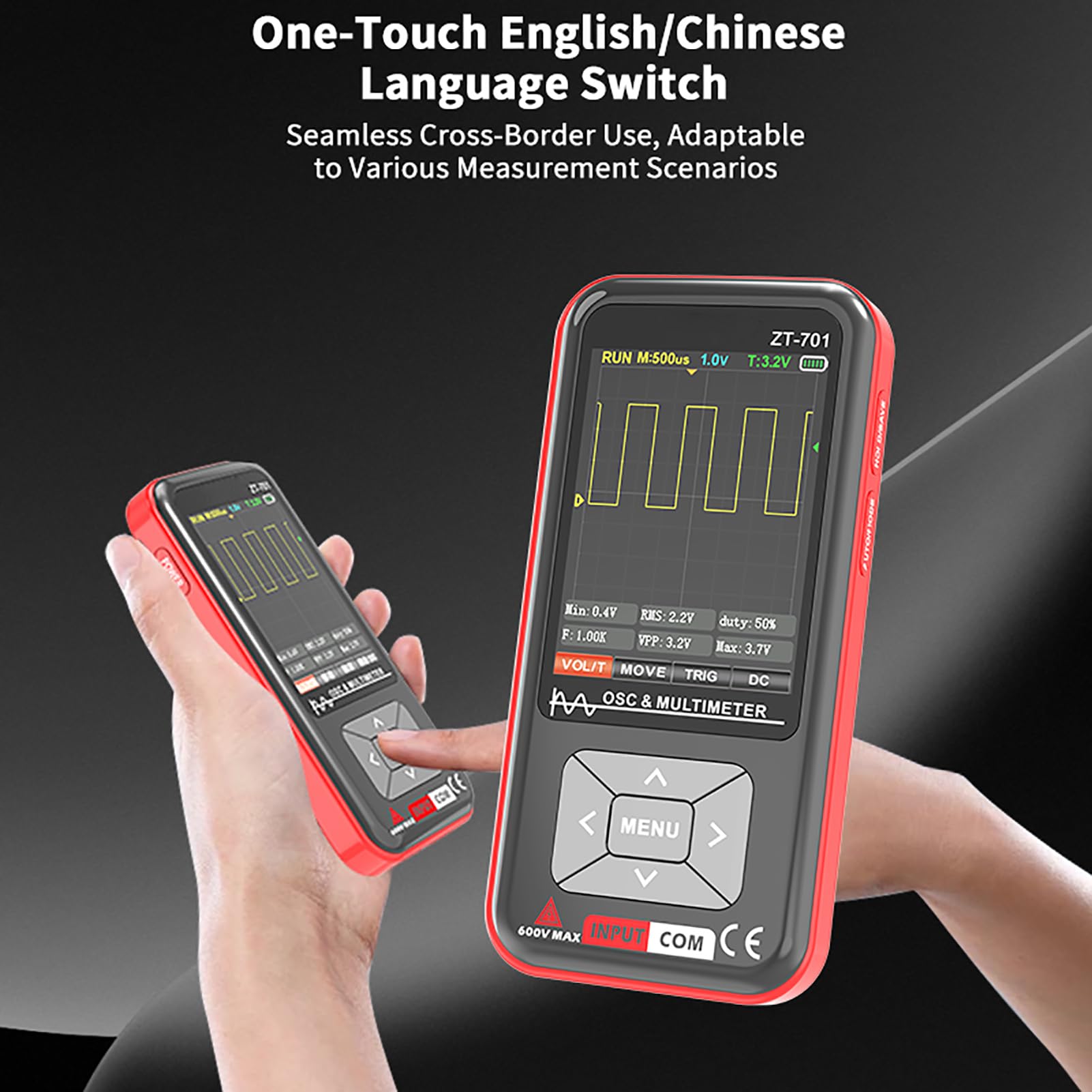 Denash Multímetro Digital Inteligente, 1 Canal 5mhz 48MS S 300V MAX USB CONEXIÓN, AC DC 600V RMS RMS RMS Hold, Análisis de Forma de Onda, Ahorro de Datos, Pantalla IPS de 3.2 Pulgadas (ZT-701)