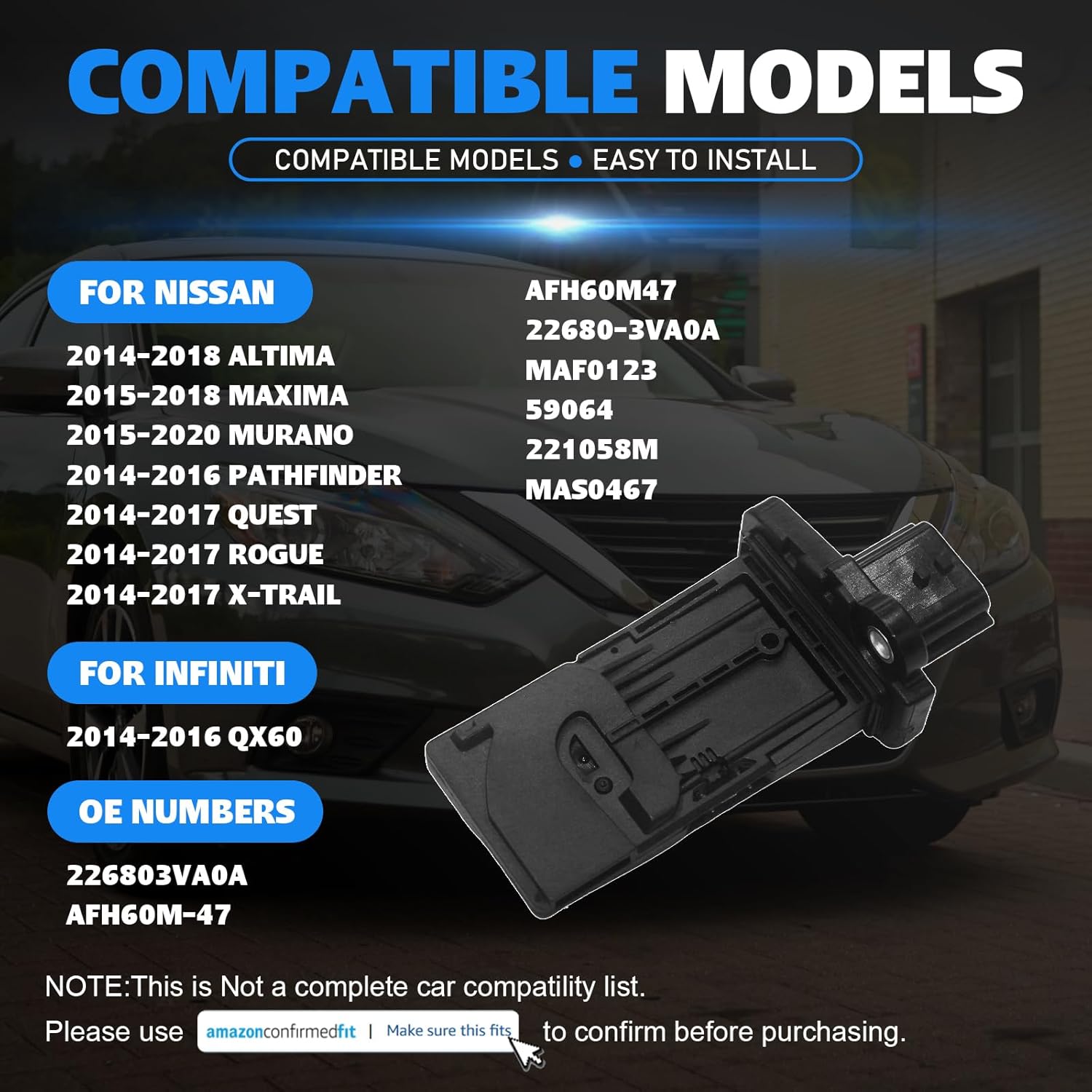 22680-3VA0A Mass Air Flow Sensor MAF Sensor for Nissan Altima Maxima Murano Pathfinder Quest Rogue X-Trail 2014-2020 Infiniti QX60 2014-2016 Replace AFH60M47 MAS0467 MAF0123