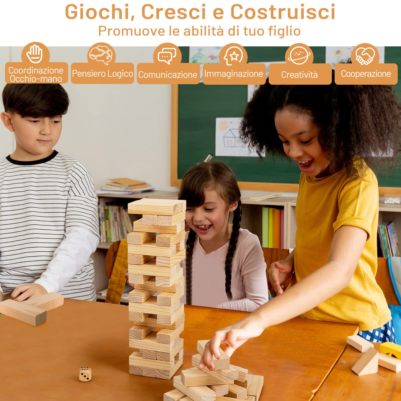 RELAX4LIFE Torre Traballante in Legno di Pino da Sottrarre e Costruire, con 54 Blocchi Impilabili, Dado, Borsa di Trasporto Portatile, per Bambini e Adulti