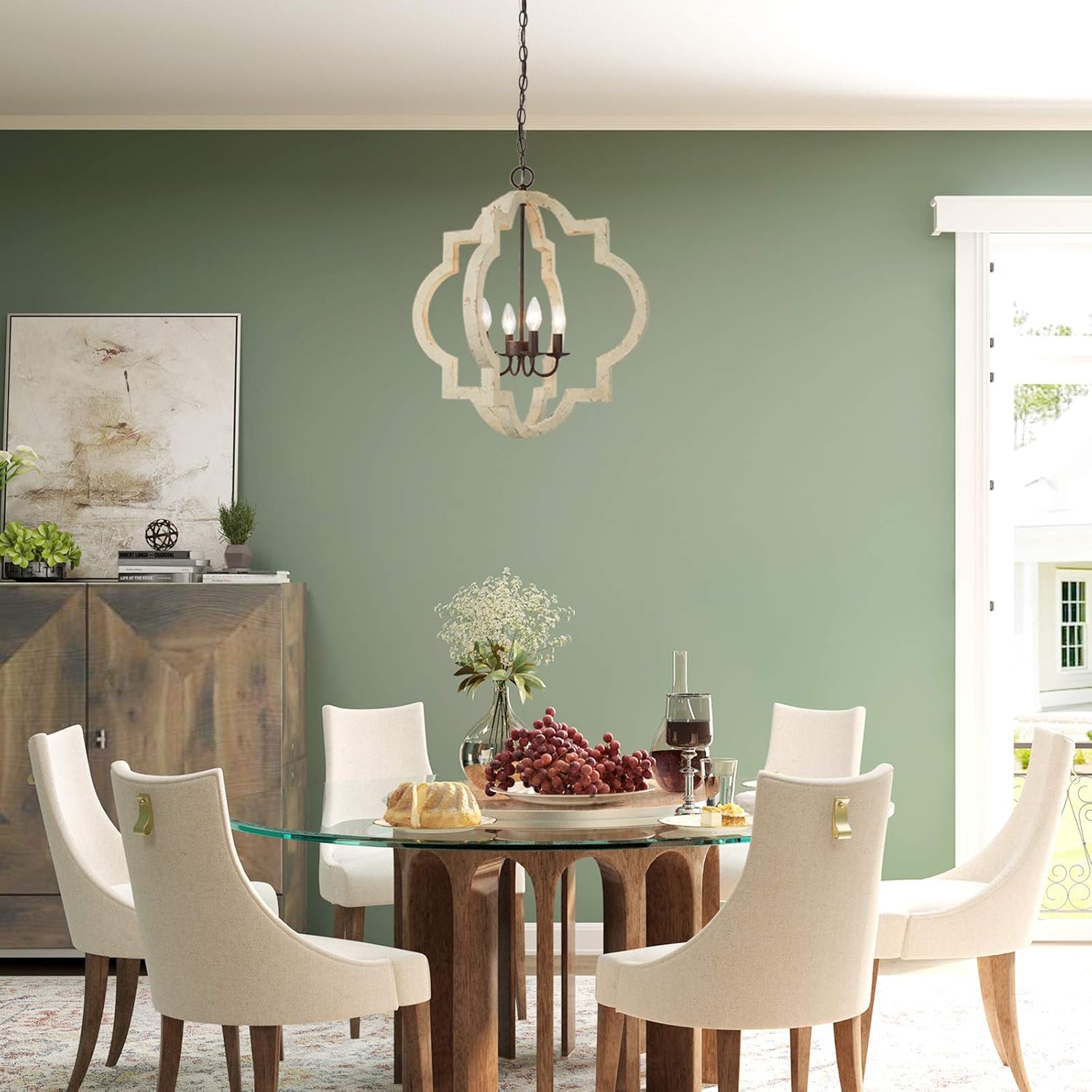 Holiday Deals 🛒 LOG BARN Farmhouse Chandelier, Handmade Distressed White Large Wood Light Fixture for Dining Room, Bedroom, Foyer, Entryway and Living Room