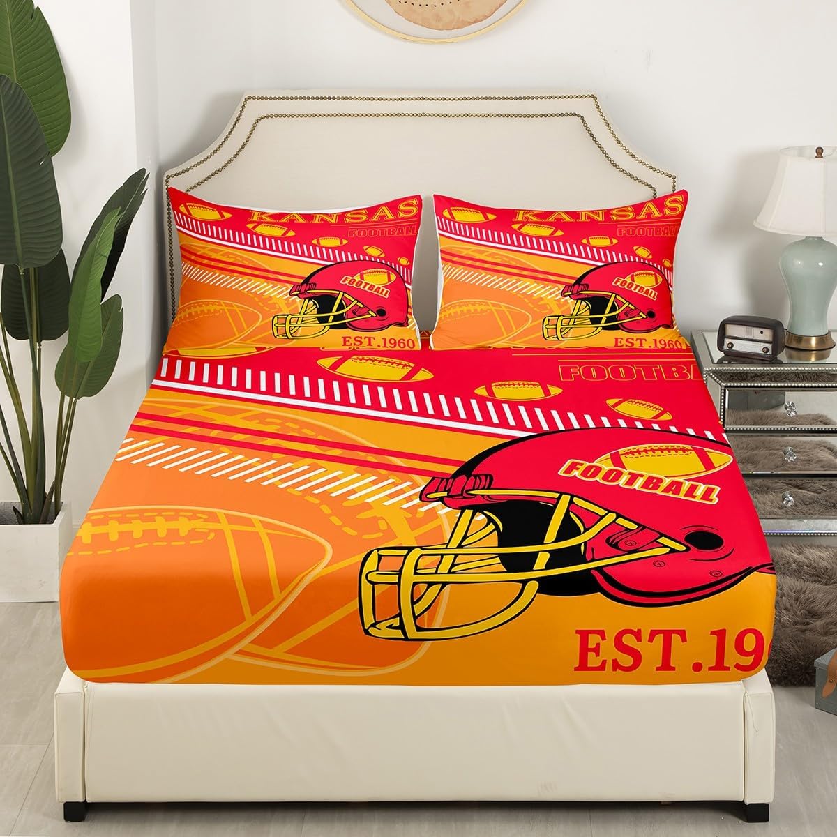 3D Football Helmet Bedding Set - American Football Style Full Fitted Sheet - Rugby Game Bed Sheets Sports Ball Team Graffiti Sketch Lines Sheets, Purple Yellow (Minnesota)