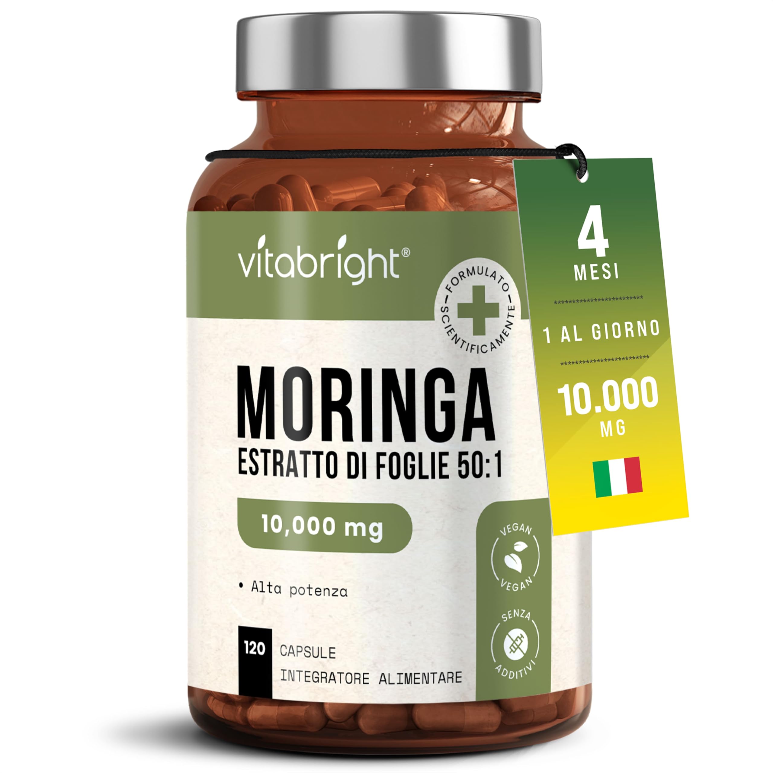 Capsule di Moringa Pura | Alto Dosaggio 10.000 mg | 4 Mesi – 1 al Giorno | Senza Additivi | Capsule di Superalimento Vegano in Polvere | Estratto Puro di Foglia di Moringa | VitaBright