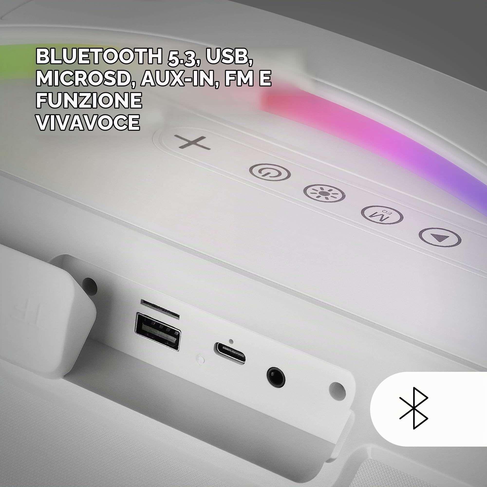 MARSGAMING MS-PULSE, Altoparlante Bluetooth Portatile 50W RMS, Illuminazione RGB, 2 Driver Attivi 93mm + 2 Driver Passivi Ultra-Bass, Vivavoce, USB/MicroSD/AUX/FM, Maniglia e Tracolla, Bianco