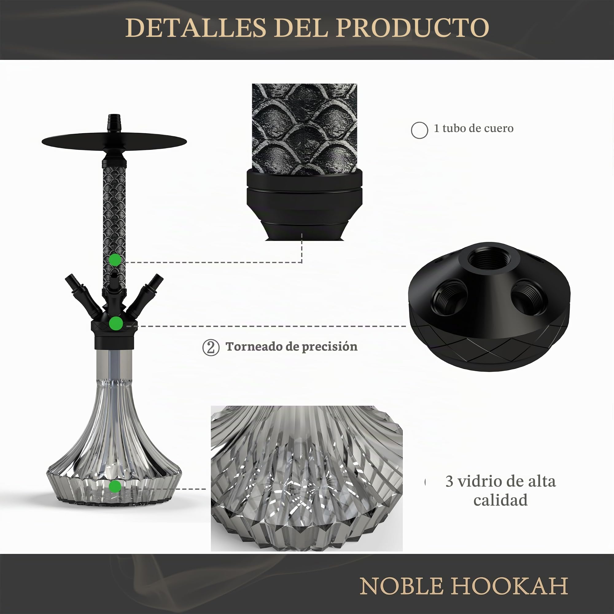NOBLE HOOKAH Juego de 4 conexiones de cachimba mediana de aluminio y cuero, 4 mangueras y asas con cabeza de shisha, cuenco de cristal, color negro