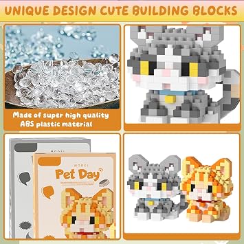 Cats Building Block Set, 2 Pcs Cats Building Block Mini Bricks Toy Animals Bricks Blocks Collection Creativity Toy Brick DIY Blocks Home Decor Ornament Gifts for Adults Teens Children (Yellow, Grey)